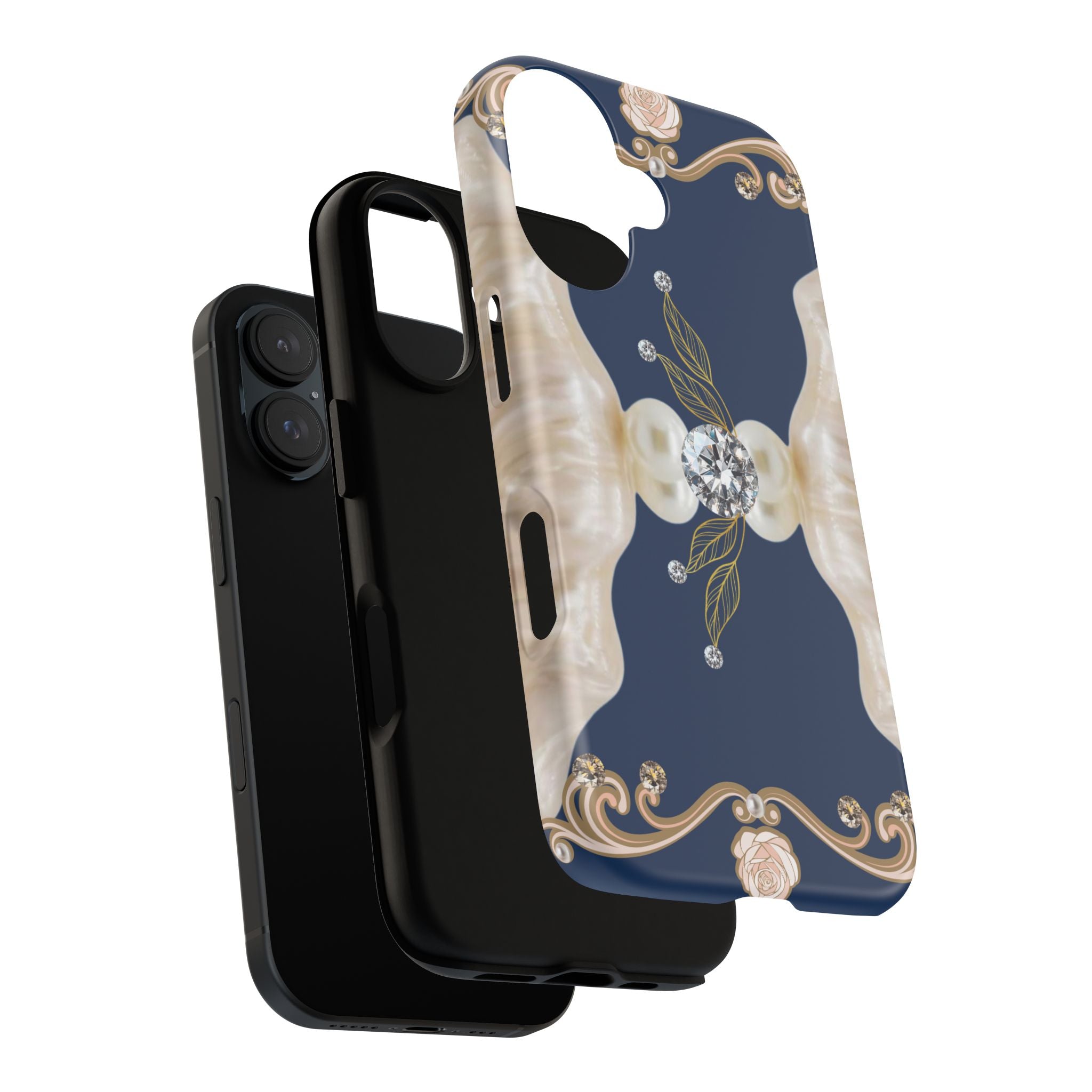 Navy Pearl & Diamond Phone Case — Elegant Floral Baroque Tough Case