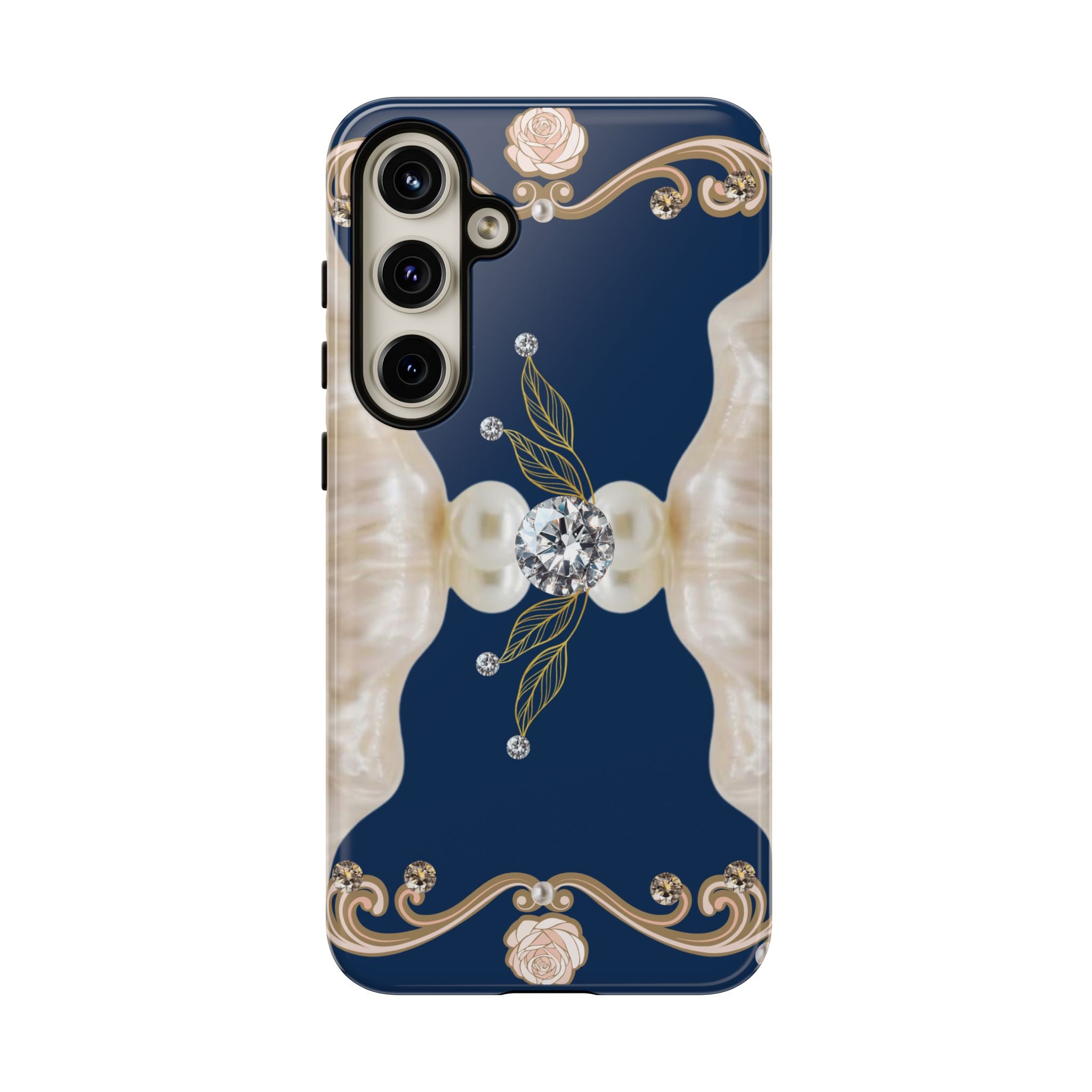 Navy Pearl & Diamond Phone Case — Elegant Floral Baroque Tough Case
