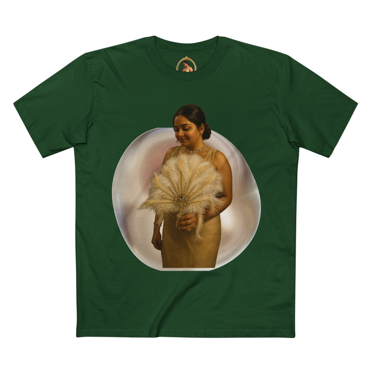 Drashti T‑Shirt — Vintage Portrait Bubble with 'We Will Be Home' Script