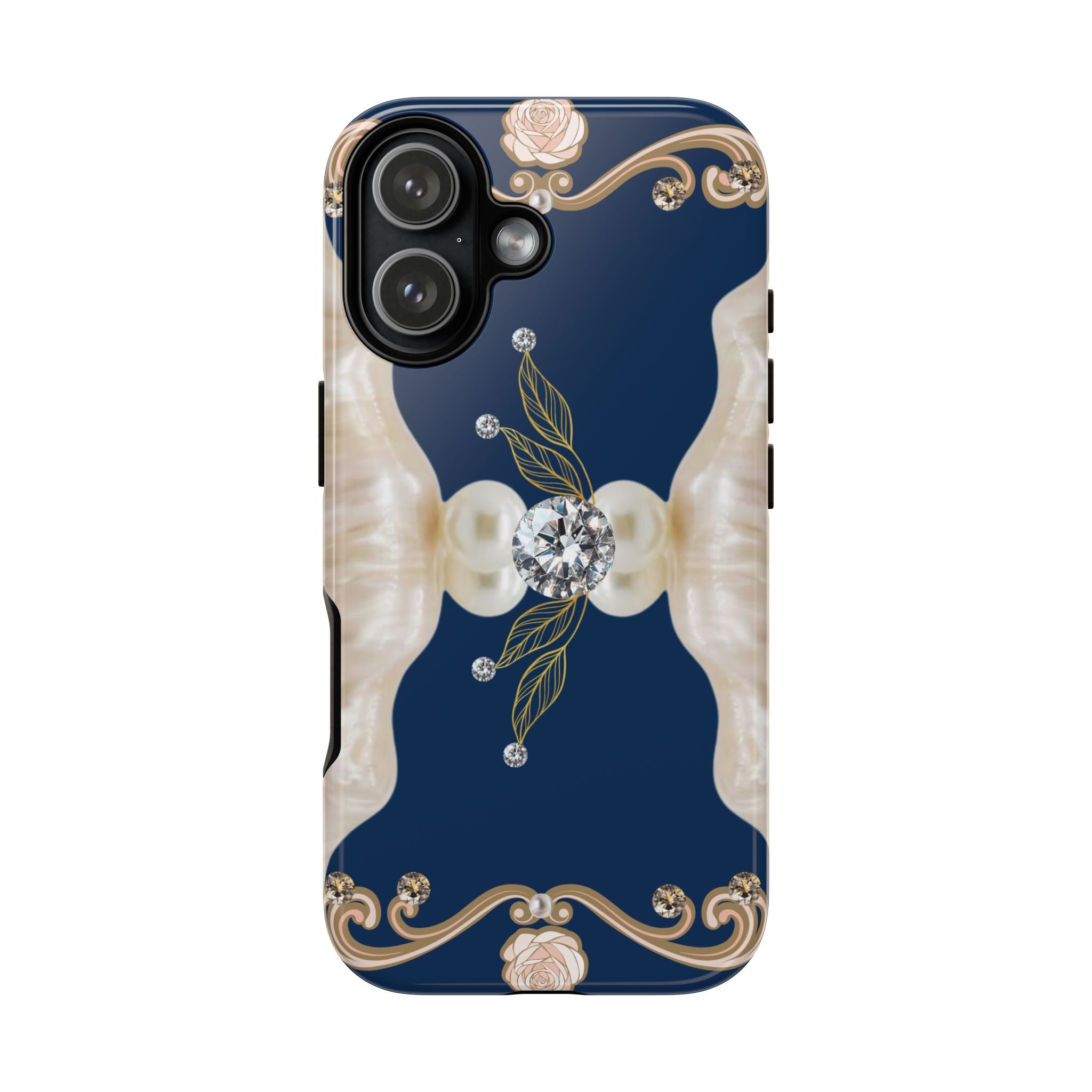 Navy Pearl & Diamond Phone Case — Elegant Floral Baroque Tough Case