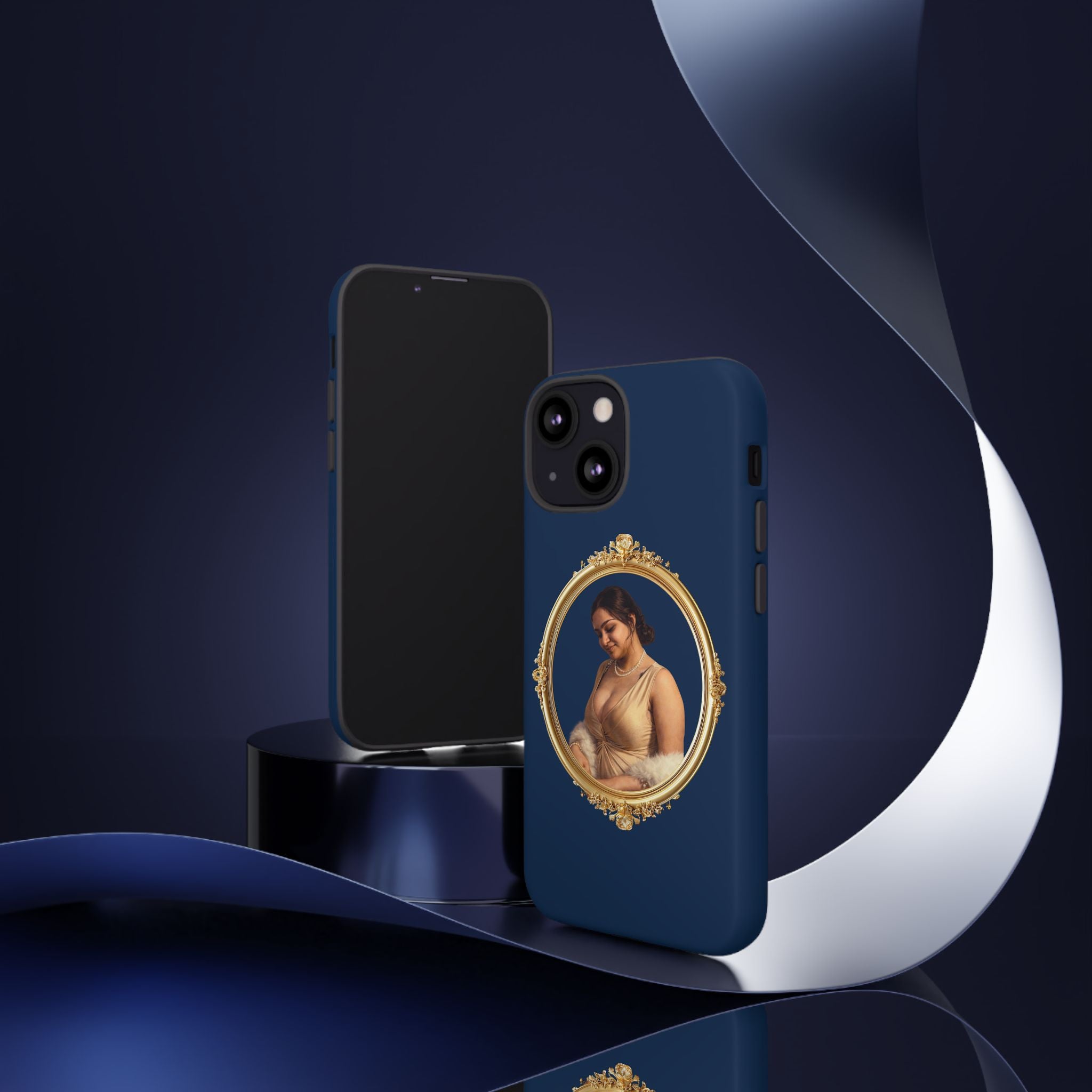 Vintage Portrait Phone Case — Elegant Gold Frame on Navy