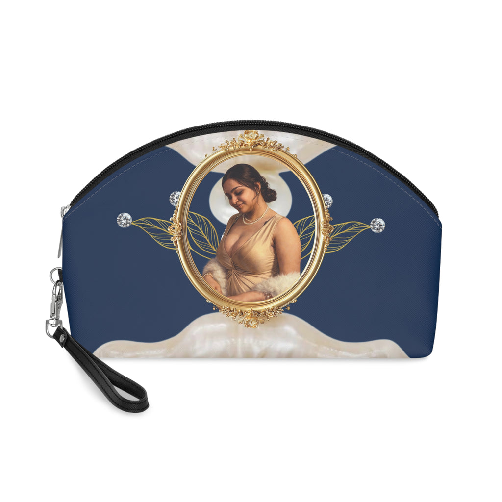 Drashti Cosmetic Bag — Elegant Blue Makeup Pouch with Gold Frame