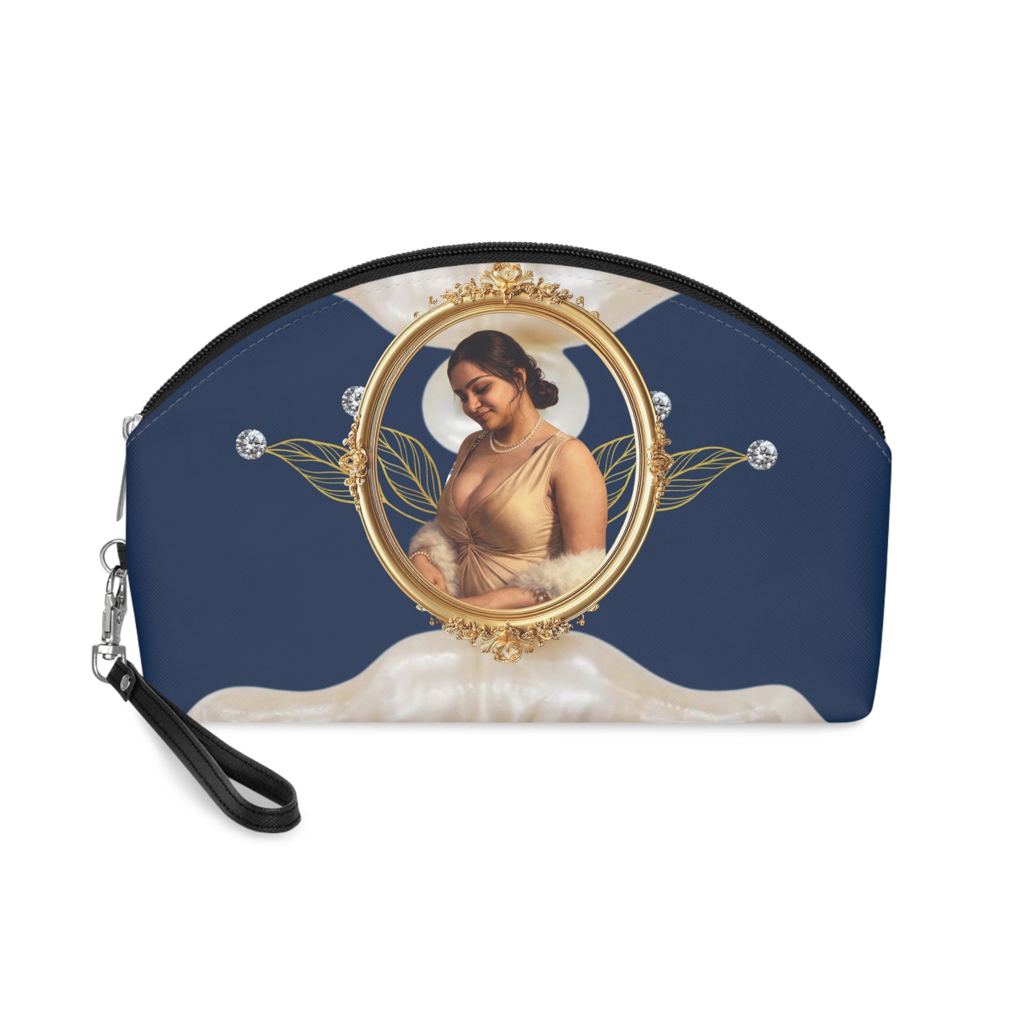 Drashti Cosmetic Bag — Elegant Blue Makeup Pouch with Gold Frame