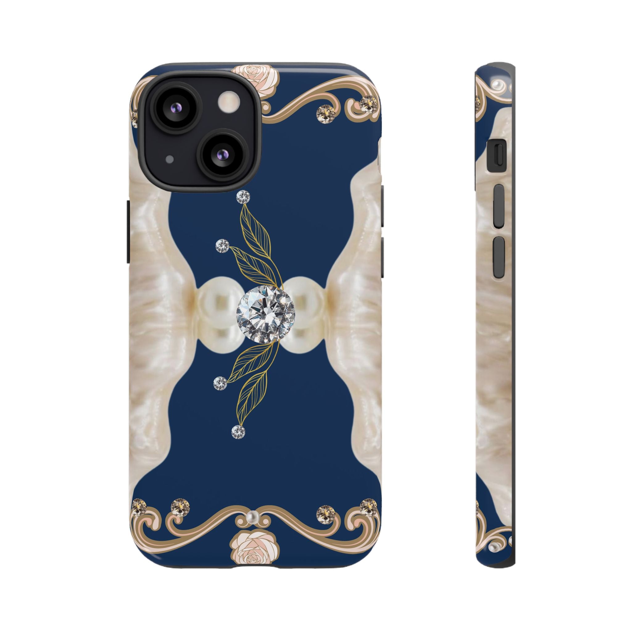 Navy Pearl & Diamond Phone Case — Elegant Floral Baroque Tough Case