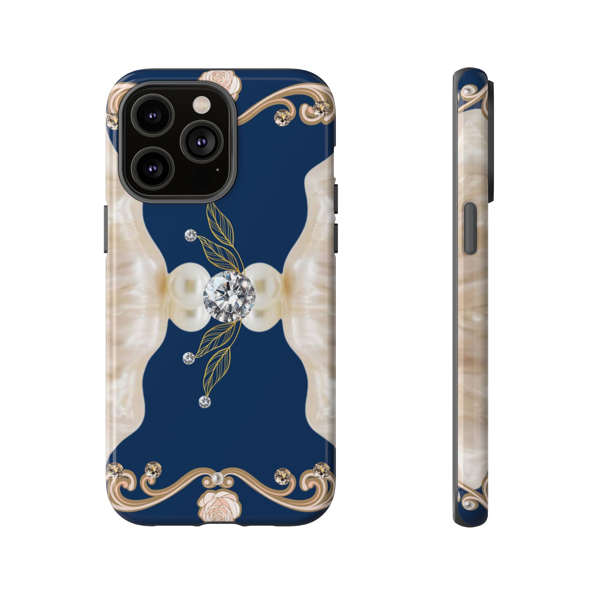 Navy Pearl & Diamond Phone Case — Elegant Floral Baroque Tough Case