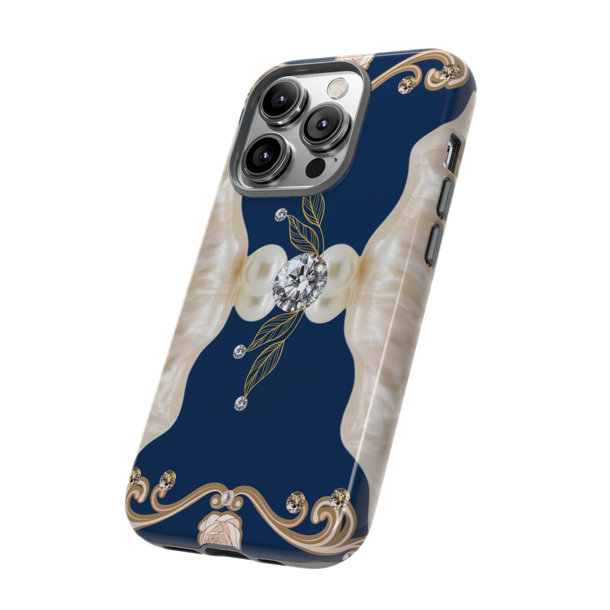 Navy Pearl & Diamond Phone Case — Elegant Floral Baroque Tough Case