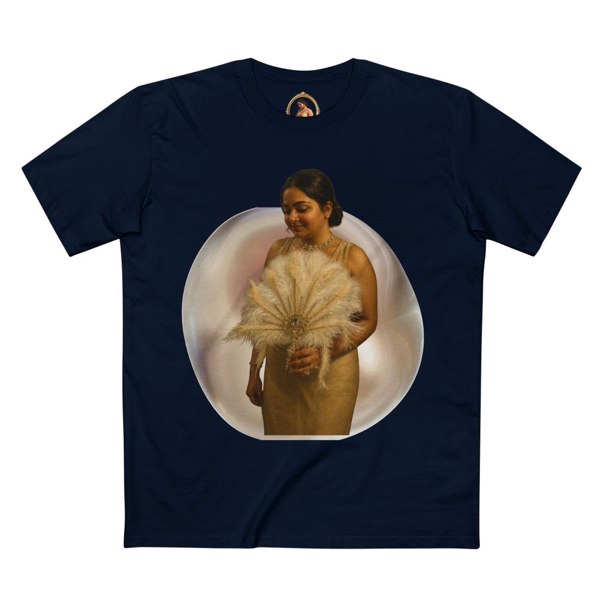 Drashti T‑Shirt — Vintage Portrait Bubble with 'We Will Be Home' Script