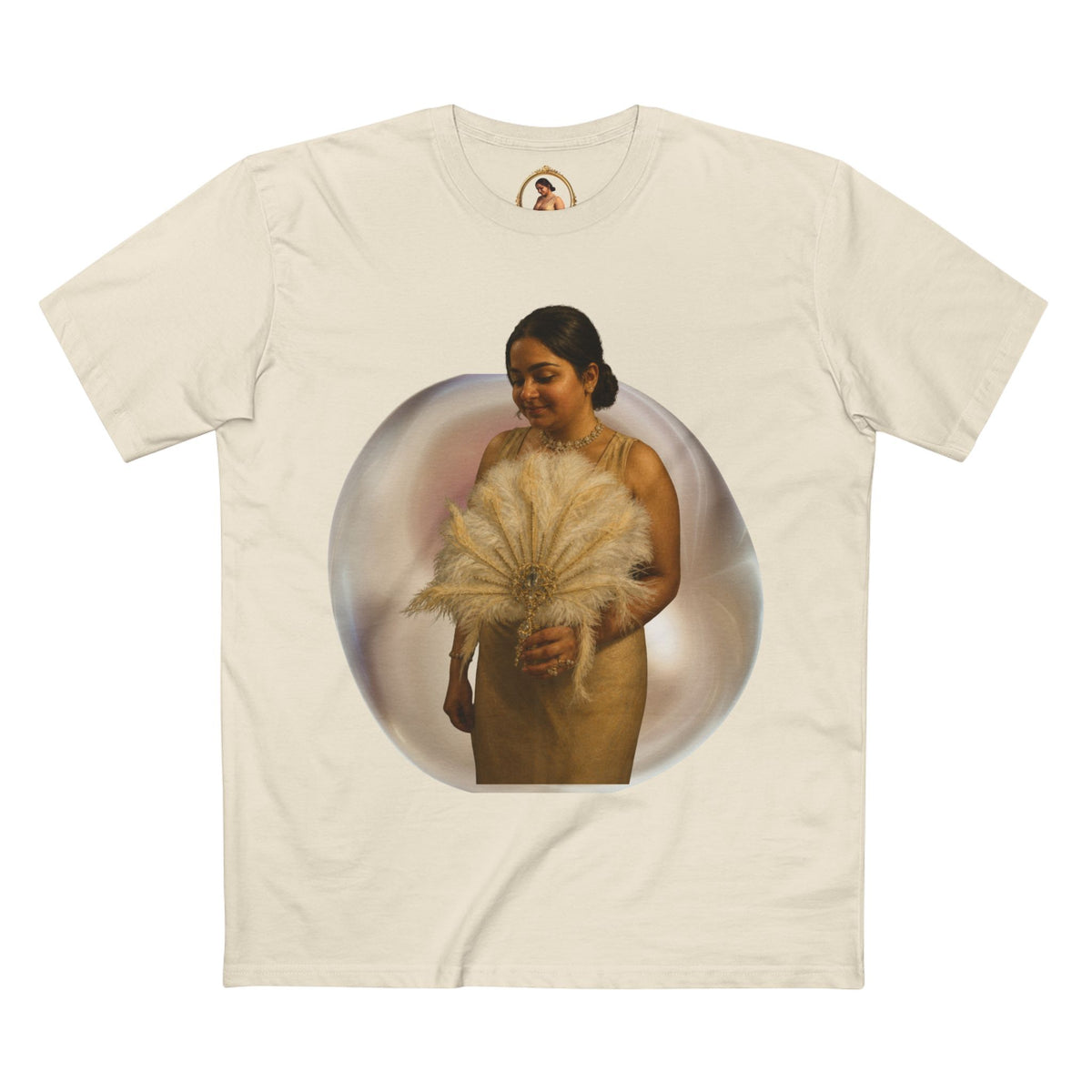 Drashti T‑Shirt — Vintage Portrait Bubble with 'We Will Be Home' Script