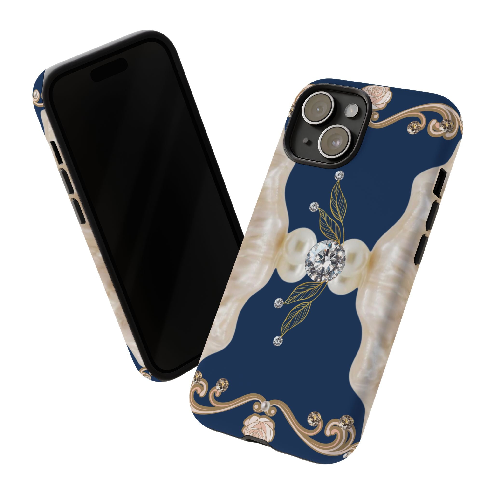 Navy Pearl & Diamond Phone Case — Elegant Floral Baroque Tough Case