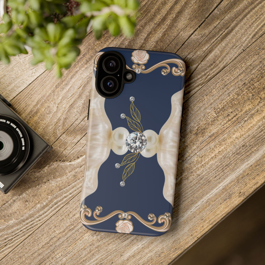Navy Pearl & Diamond Phone Case — Elegant Floral Baroque Tough Case