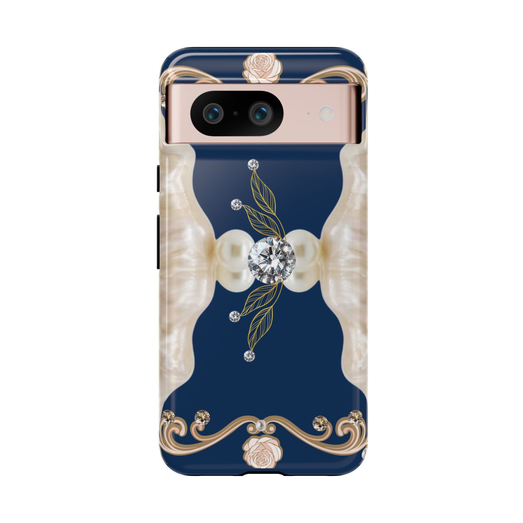 Navy Pearl & Diamond Phone Case — Elegant Floral Baroque Tough Case