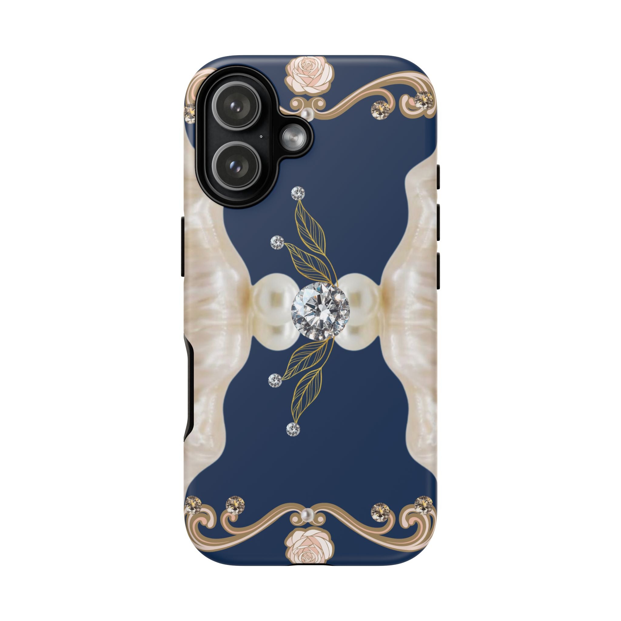 Navy Pearl & Diamond Phone Case — Elegant Floral Baroque Tough Case