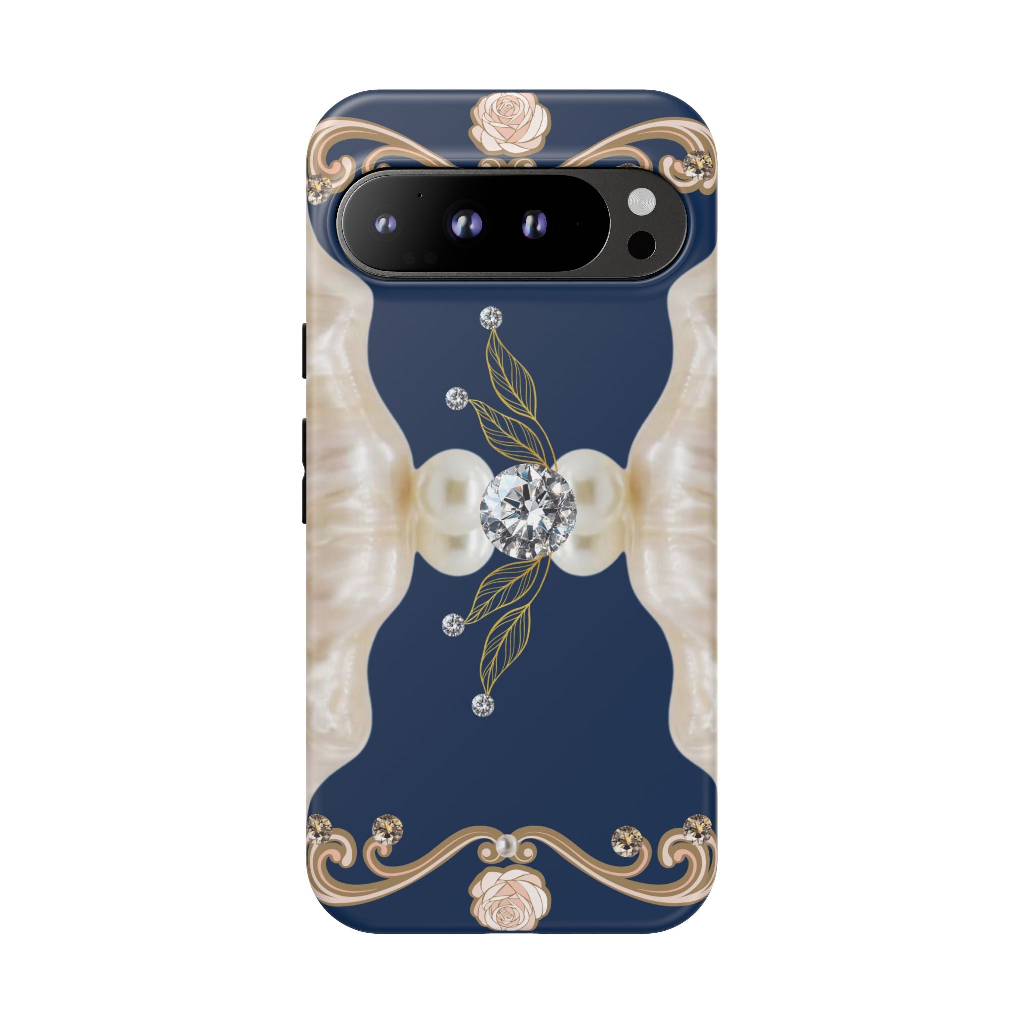 Navy Pearl & Diamond Phone Case — Elegant Floral Baroque Tough Case