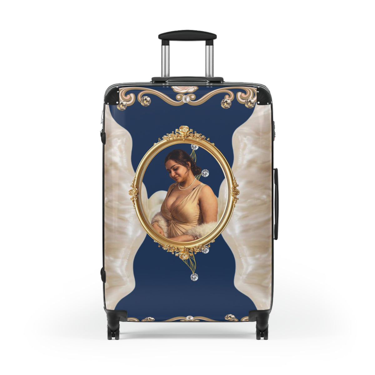 Drashti Navy Suitcase — Elegant Travel Carry-On with Pearl and Diamond Motif