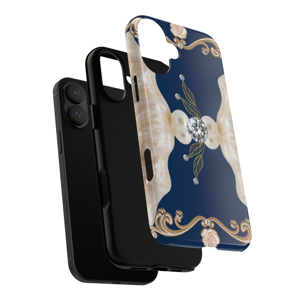 Navy Pearl & Diamond Phone Case — Elegant Floral Baroque Tough Case