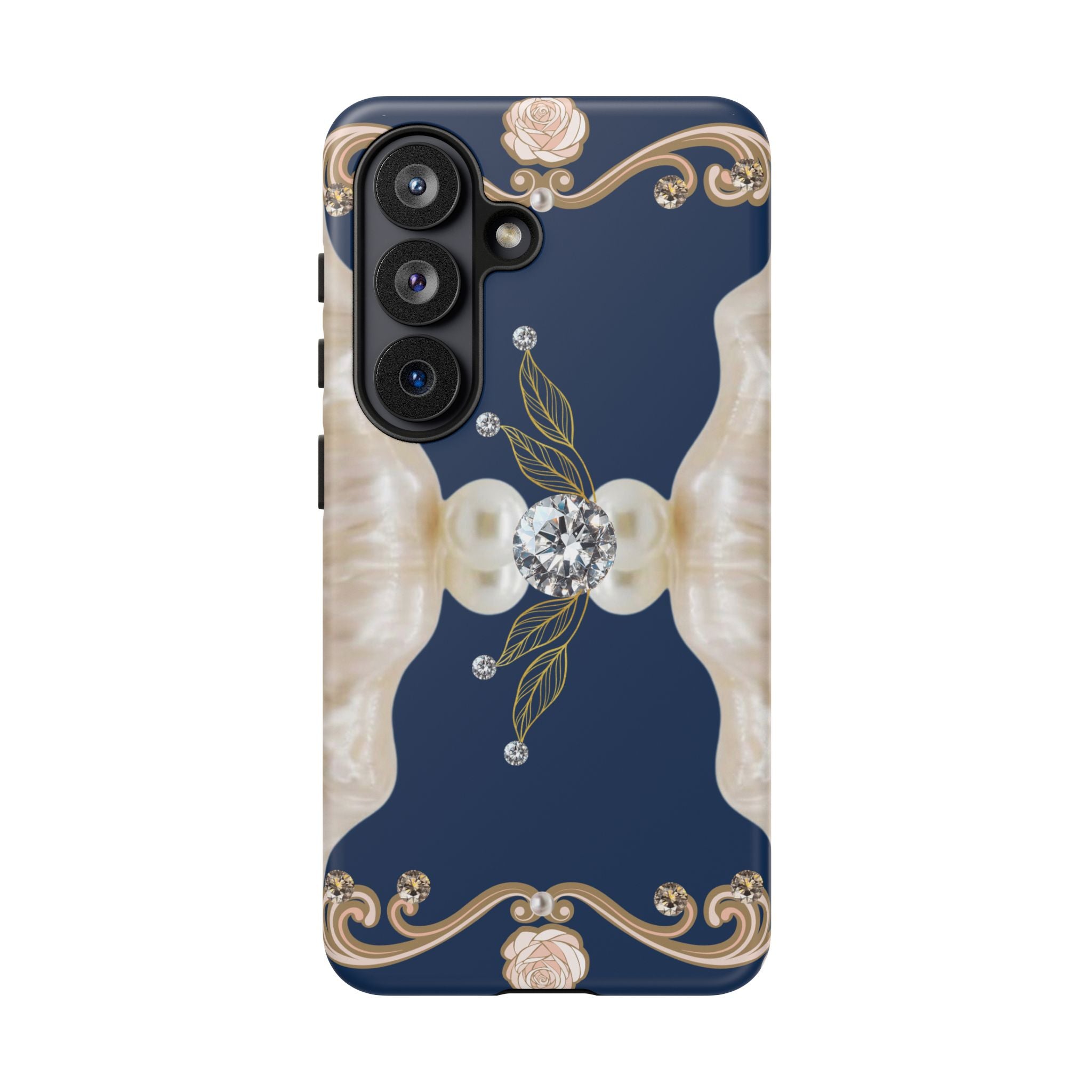 Navy Pearl & Diamond Phone Case — Elegant Floral Baroque Tough Case