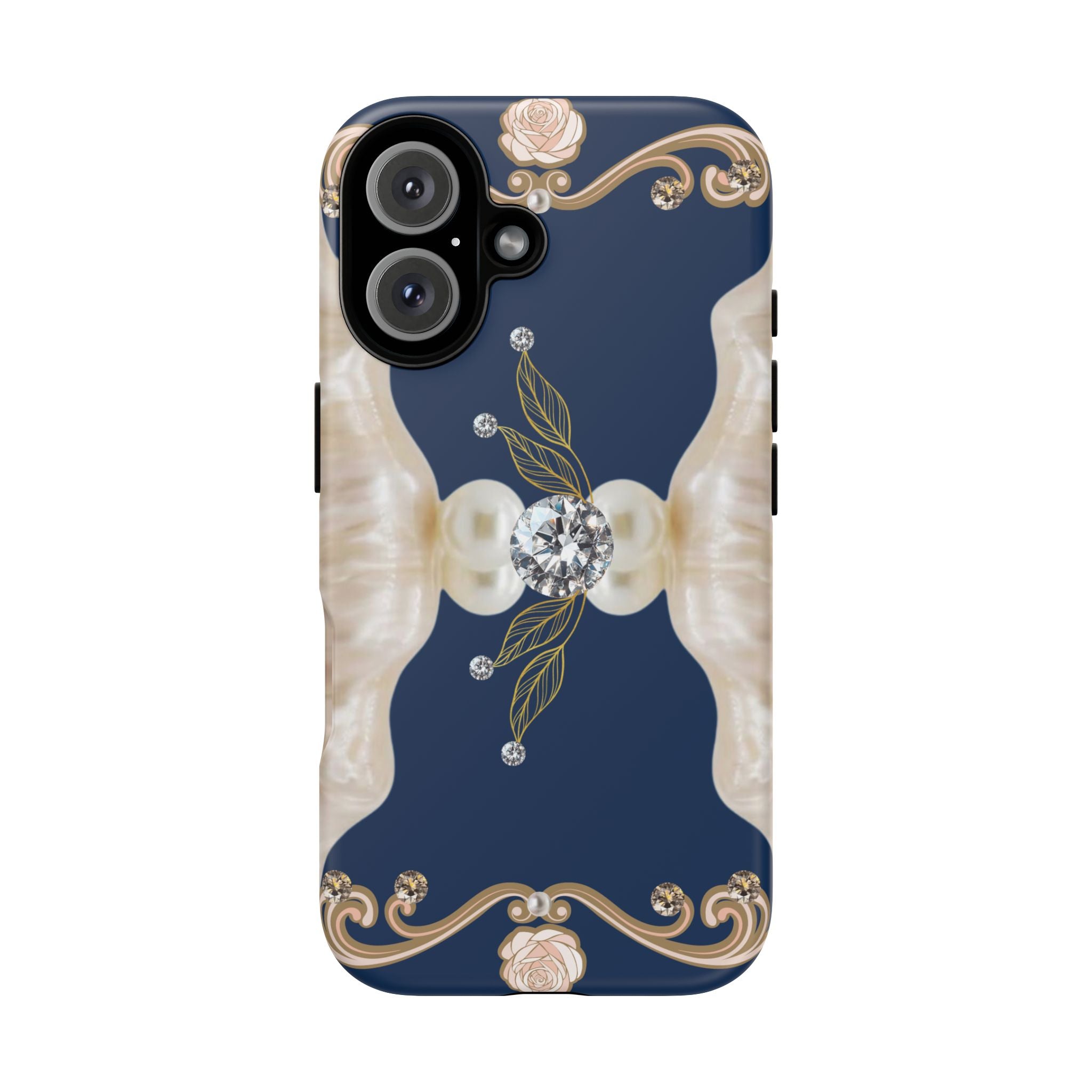 Navy Pearl & Diamond Phone Case — Elegant Floral Baroque Tough Case
