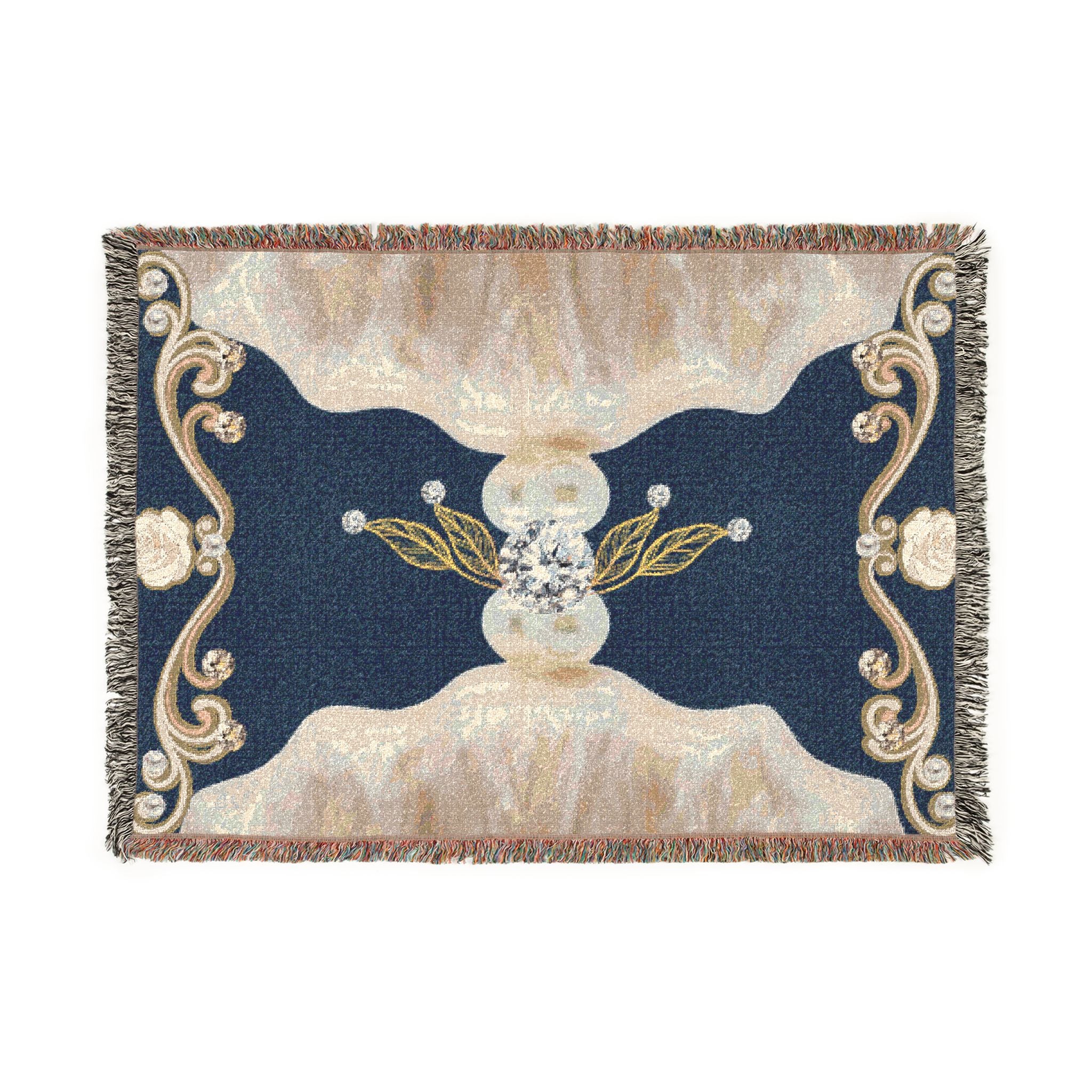 Ornate Woven Throw Blanket — Baroque Navy Floral Medallion