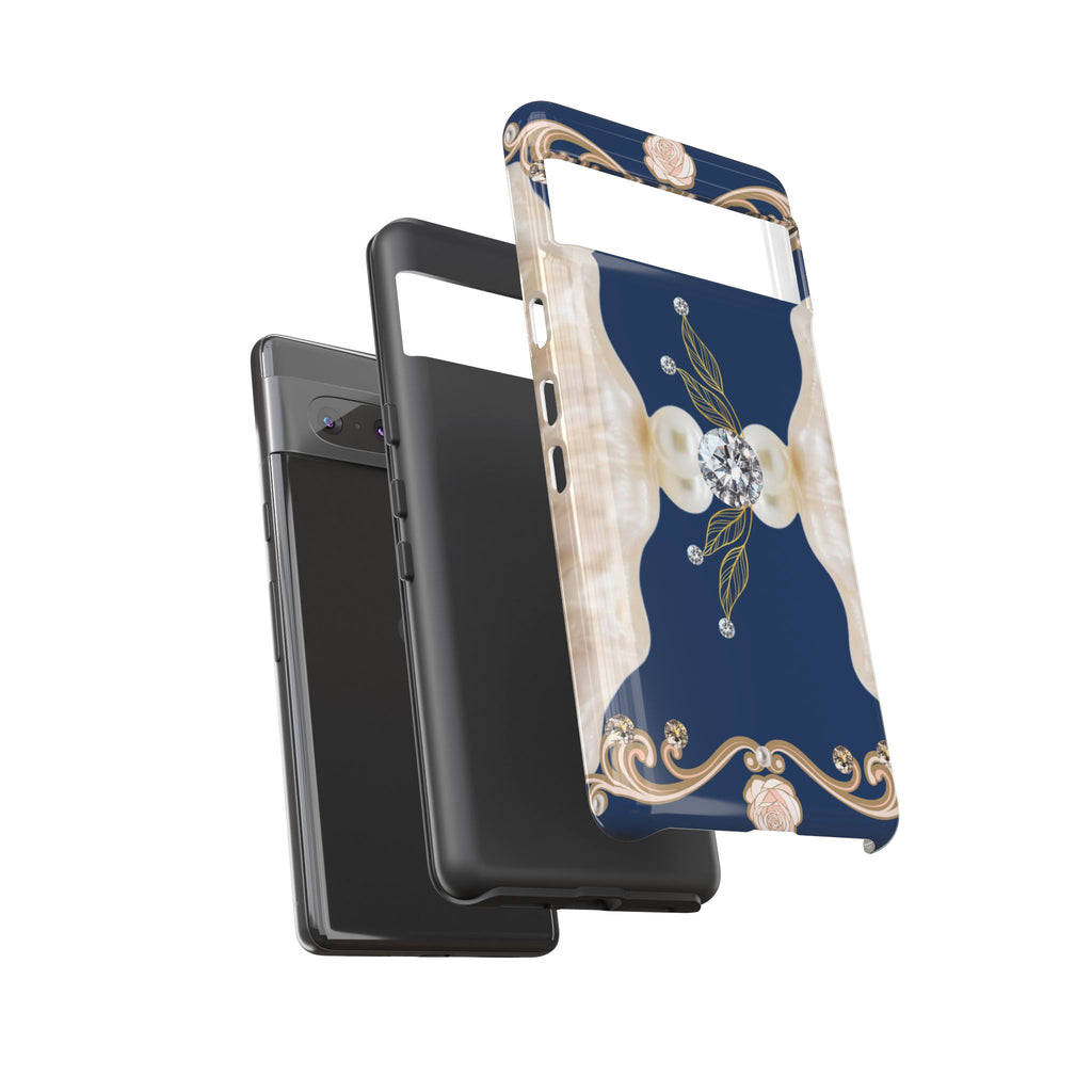 Navy Pearl & Diamond Phone Case — Elegant Floral Baroque Tough Case