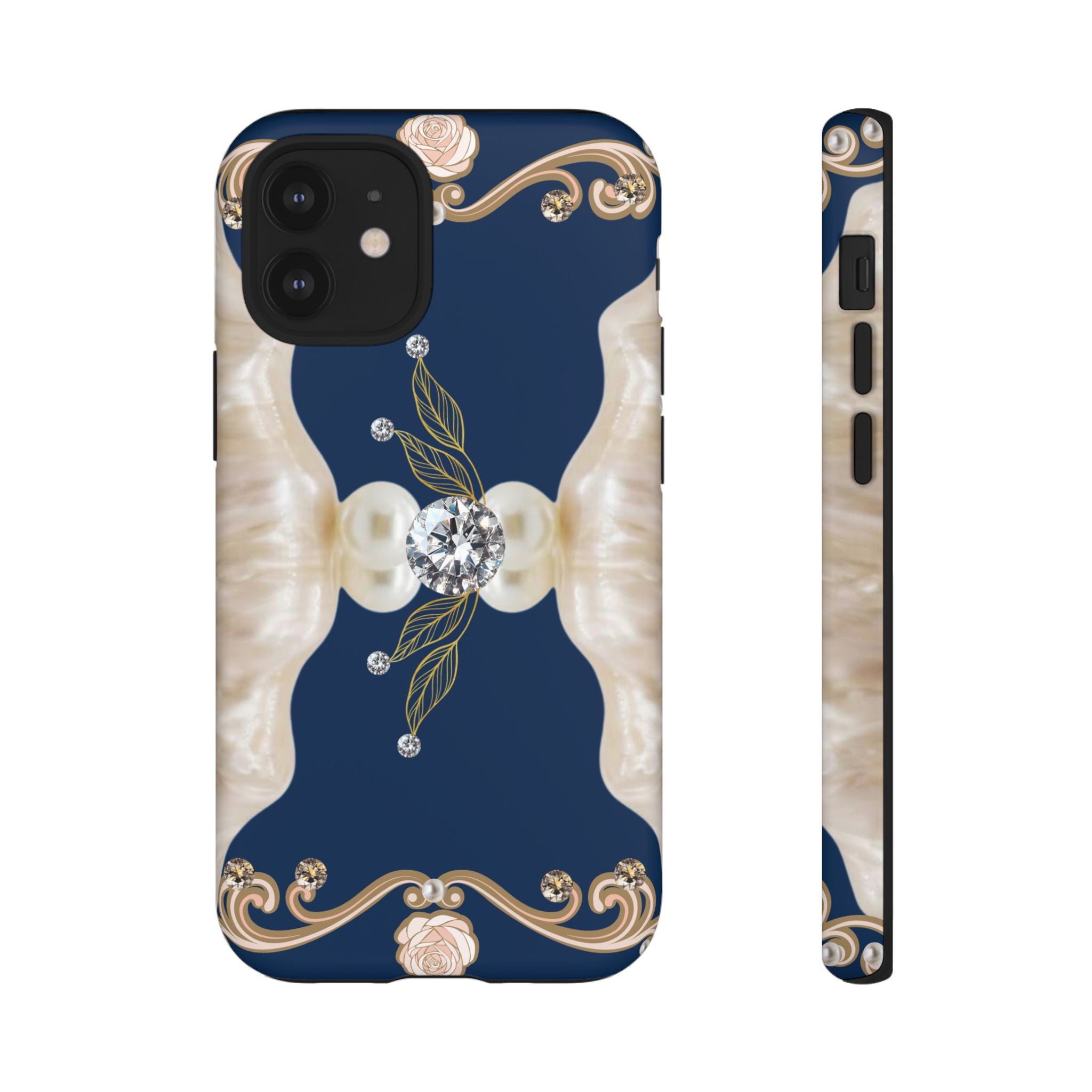 Navy Pearl & Diamond Phone Case — Elegant Floral Baroque Tough Case