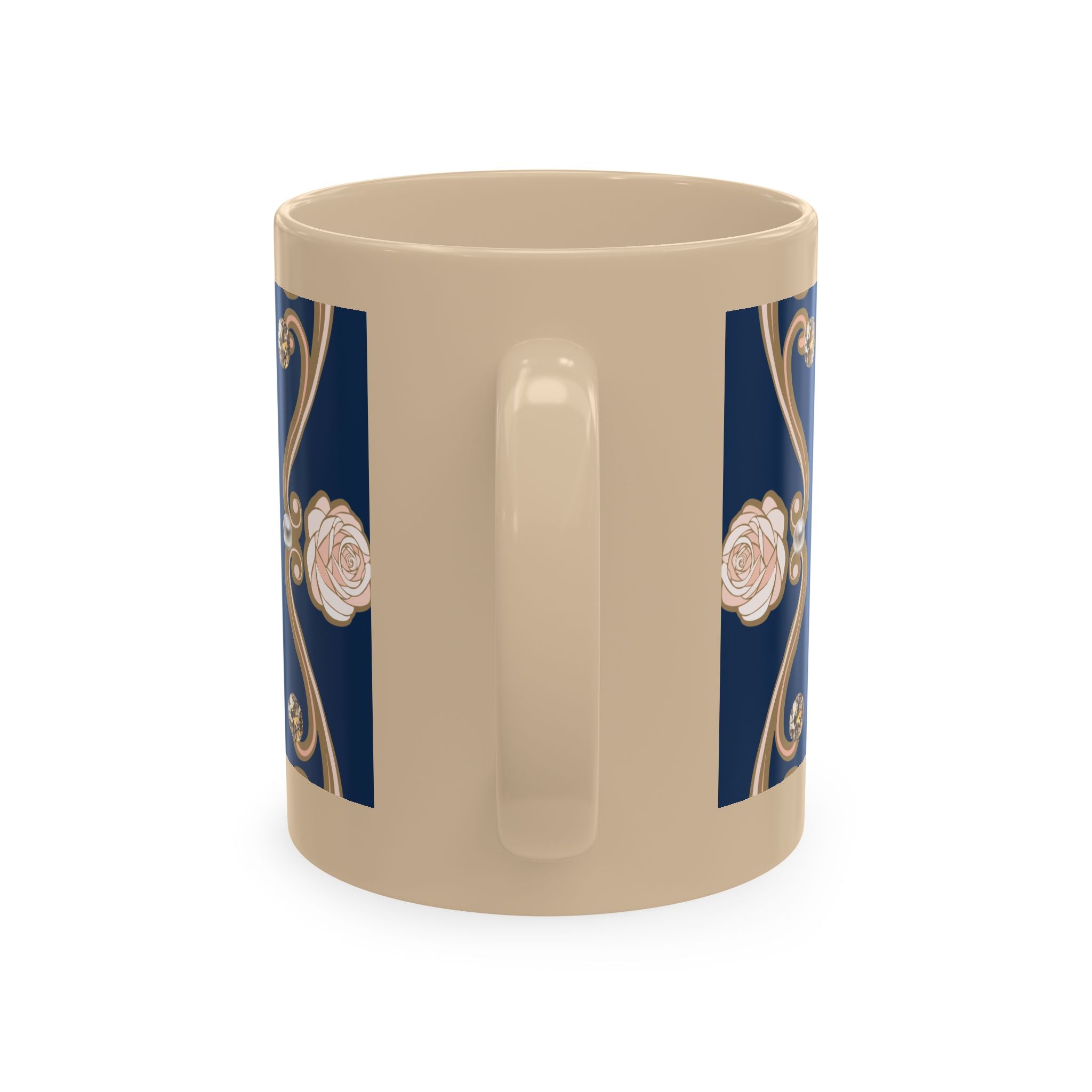 Pearl & Diamond Navy Ceramic Mug — Elegant Vintage Jewelry Design