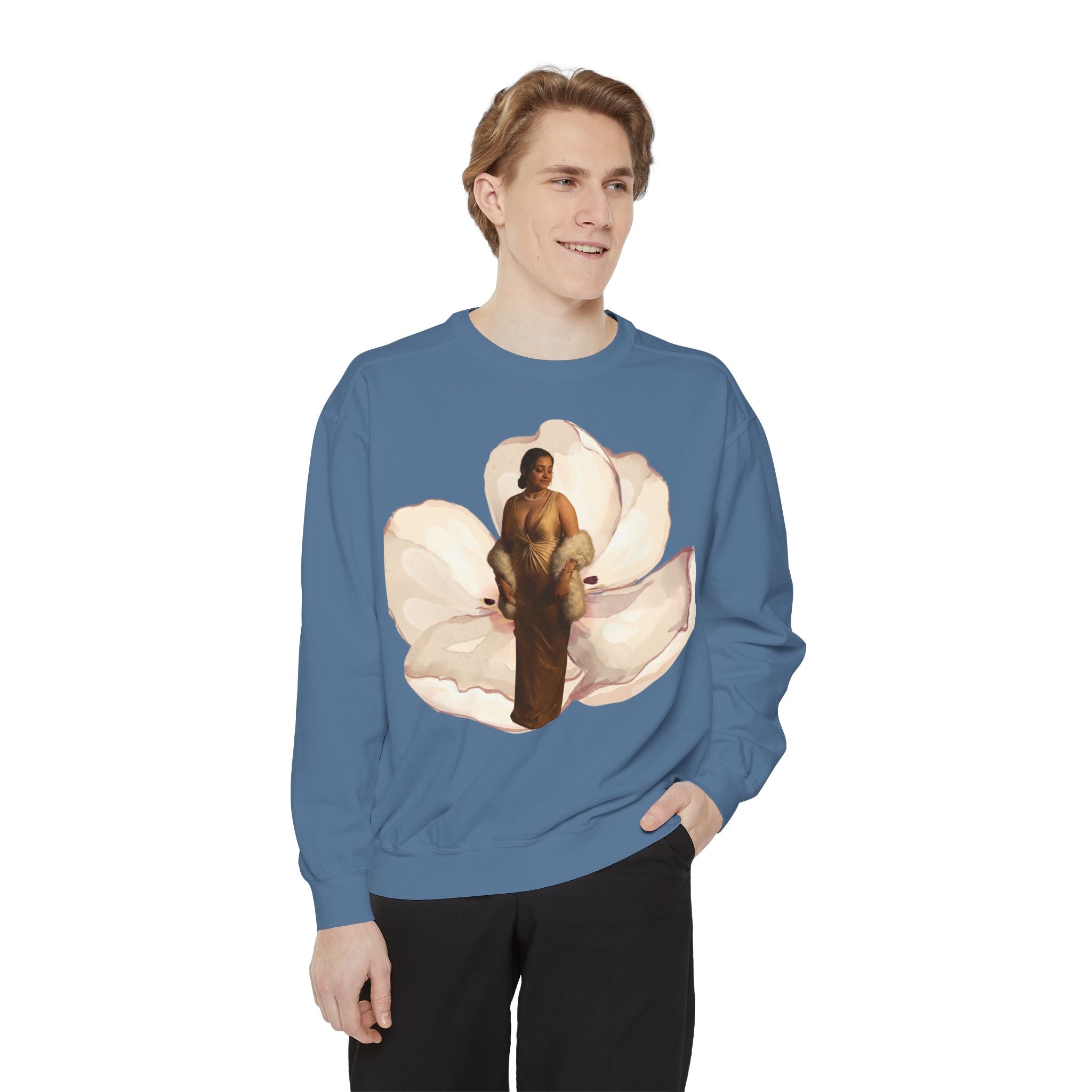 Floral Portrait Sweatshirt — Vintage Gold Frame Art Crewneck