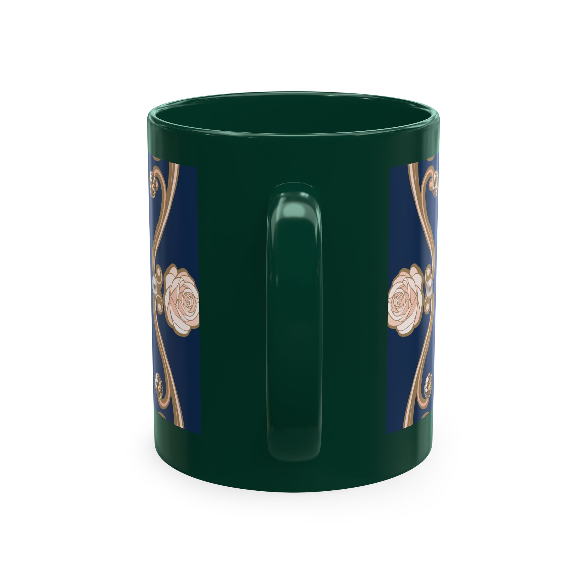 Pearl & Diamond Navy Ceramic Mug — Elegant Vintage Jewelry Design