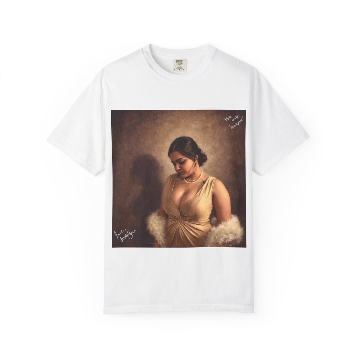 Drashti T-Shirt — Vintage Glam Portrait Tee with Signature "Love, Drashti"