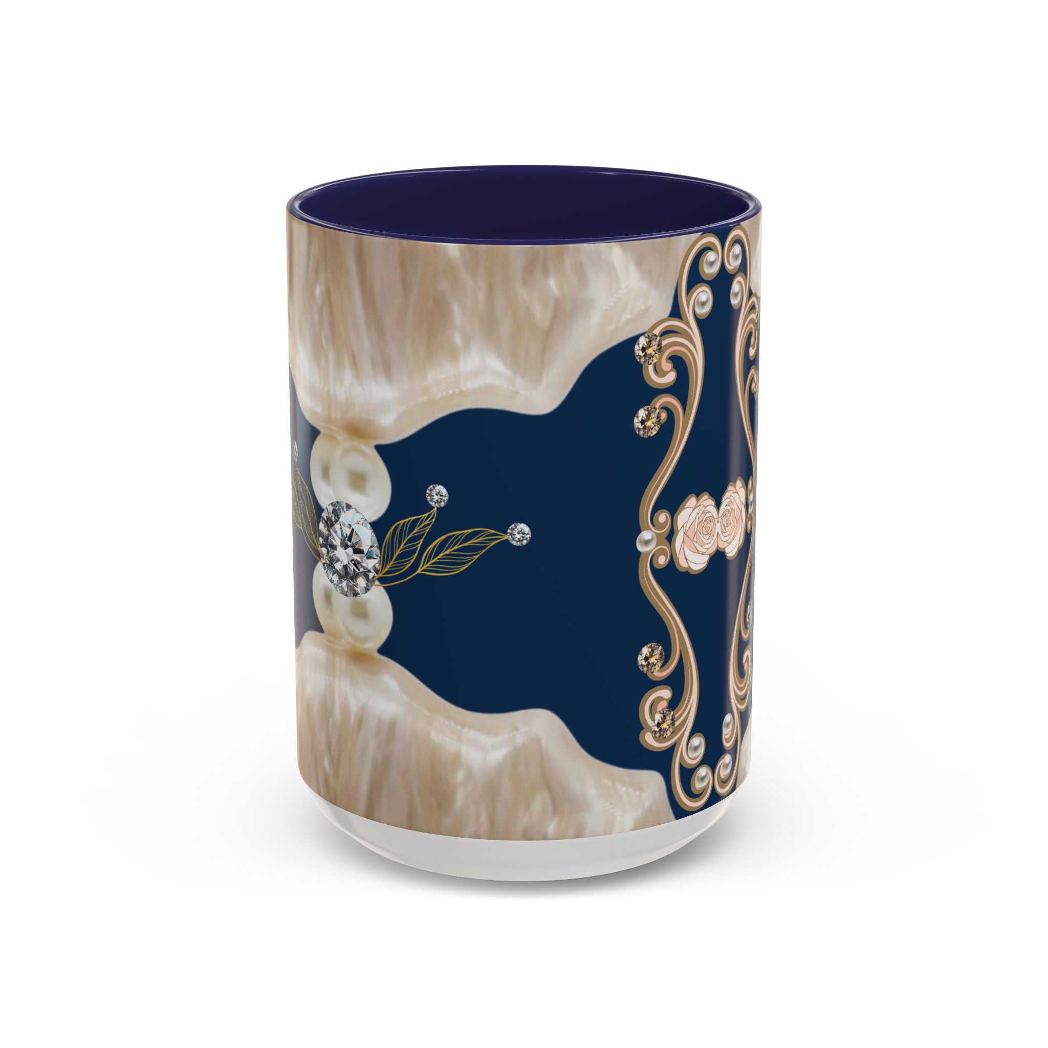 Elegant Navy Pearl Accent Coffee Mug - Vintage Baroque Floral Design (11/15oz)