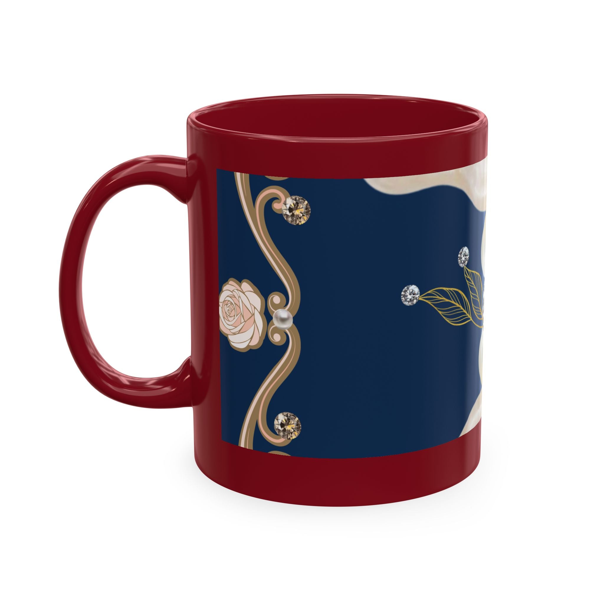Pearl & Diamond Navy Ceramic Mug — Elegant Vintage Jewelry Design
