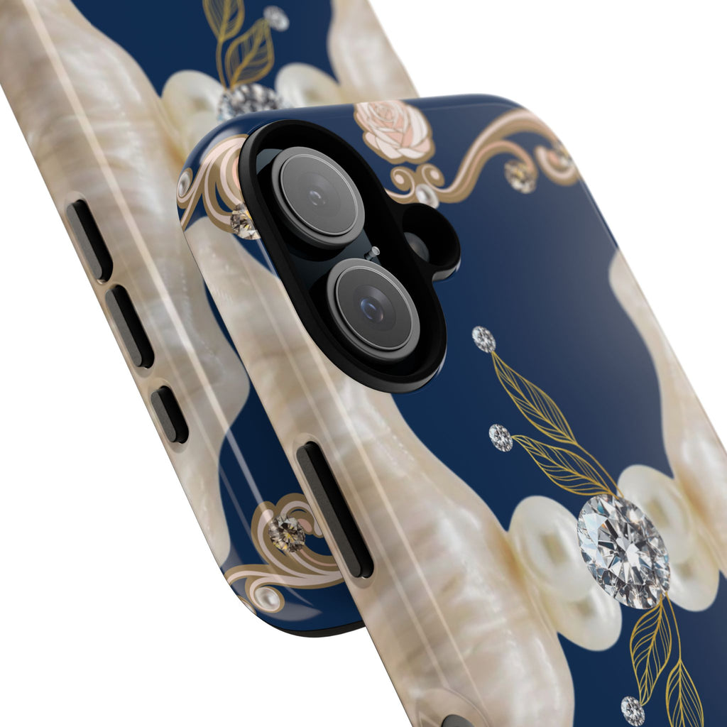 Navy Pearl & Diamond Phone Case — Elegant Floral Baroque Tough Case