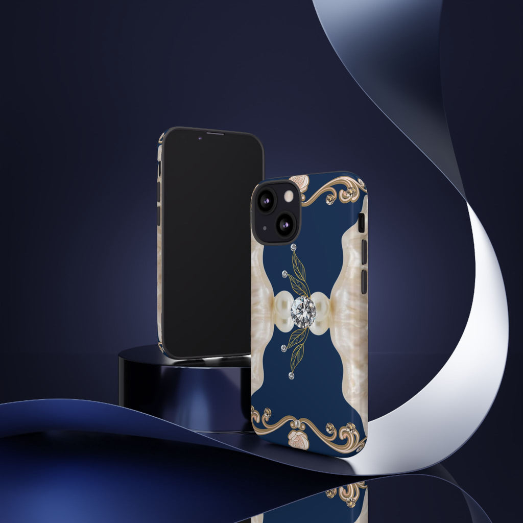 Navy Pearl & Diamond Phone Case — Elegant Floral Baroque Tough Case