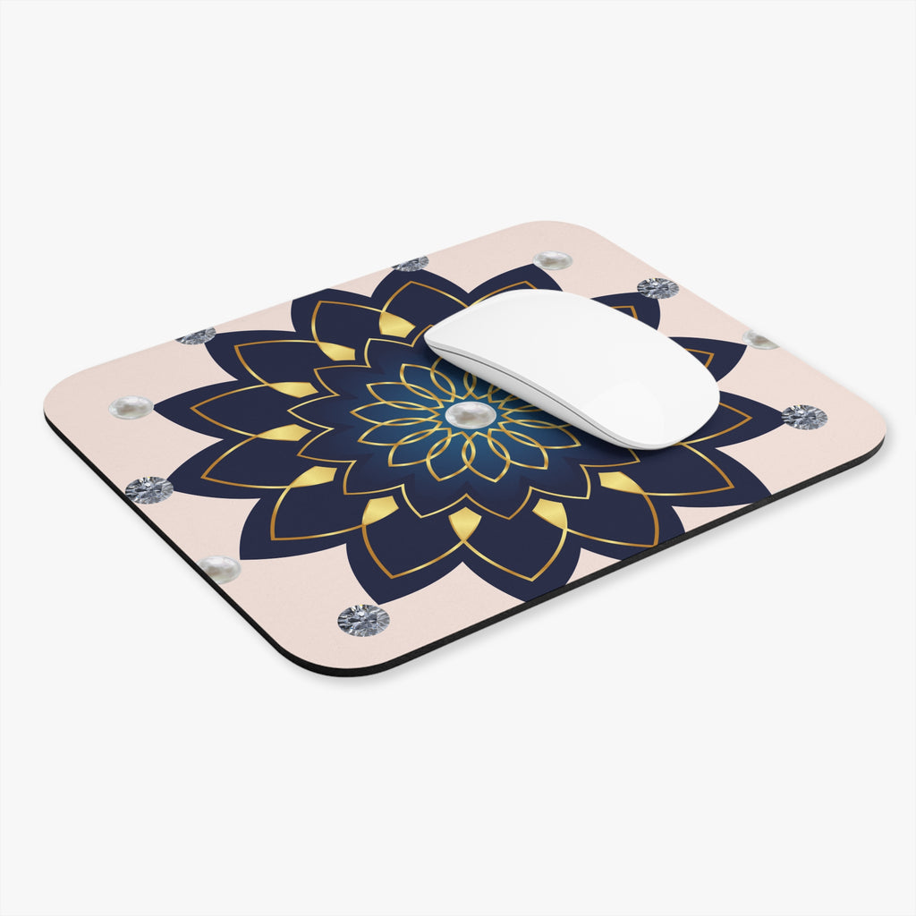 Floral Mandala Mouse Pad — Navy & Gold Pearl Accent Desk Mat