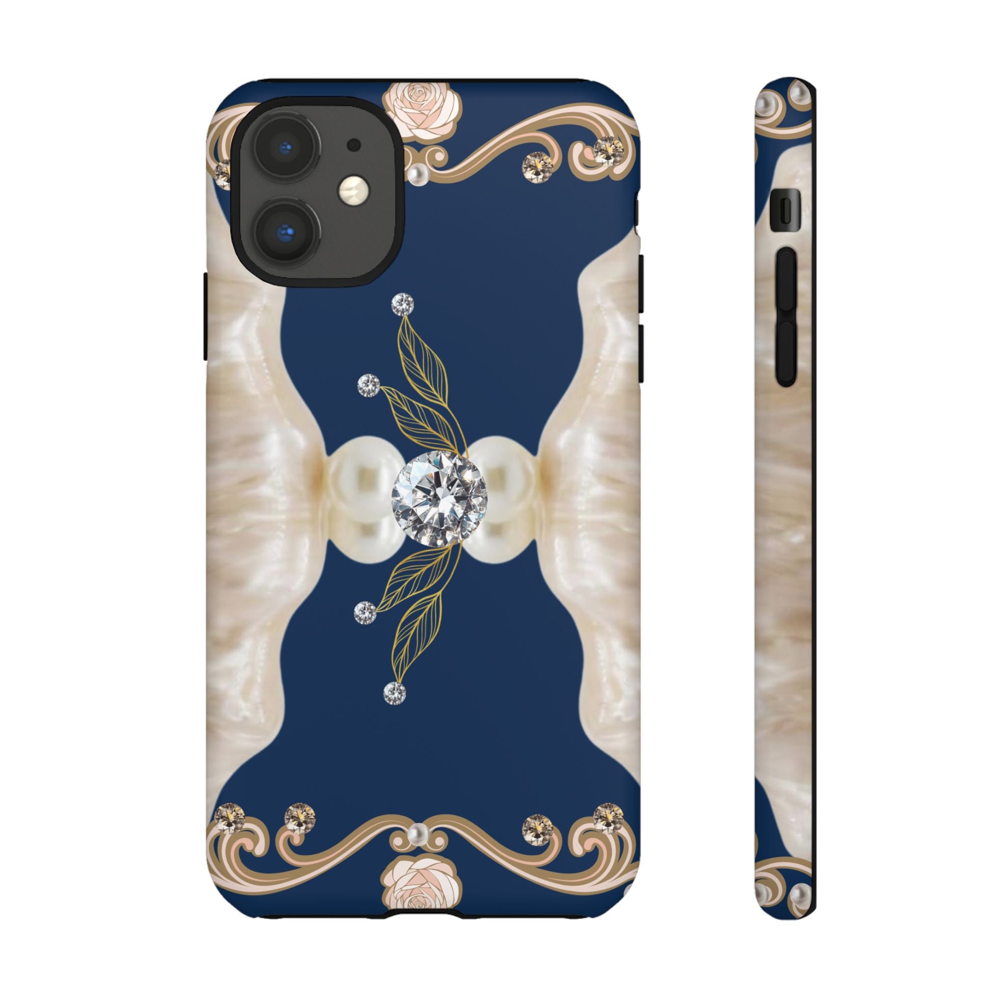 Navy Pearl & Diamond Phone Case — Elegant Floral Baroque Tough Case