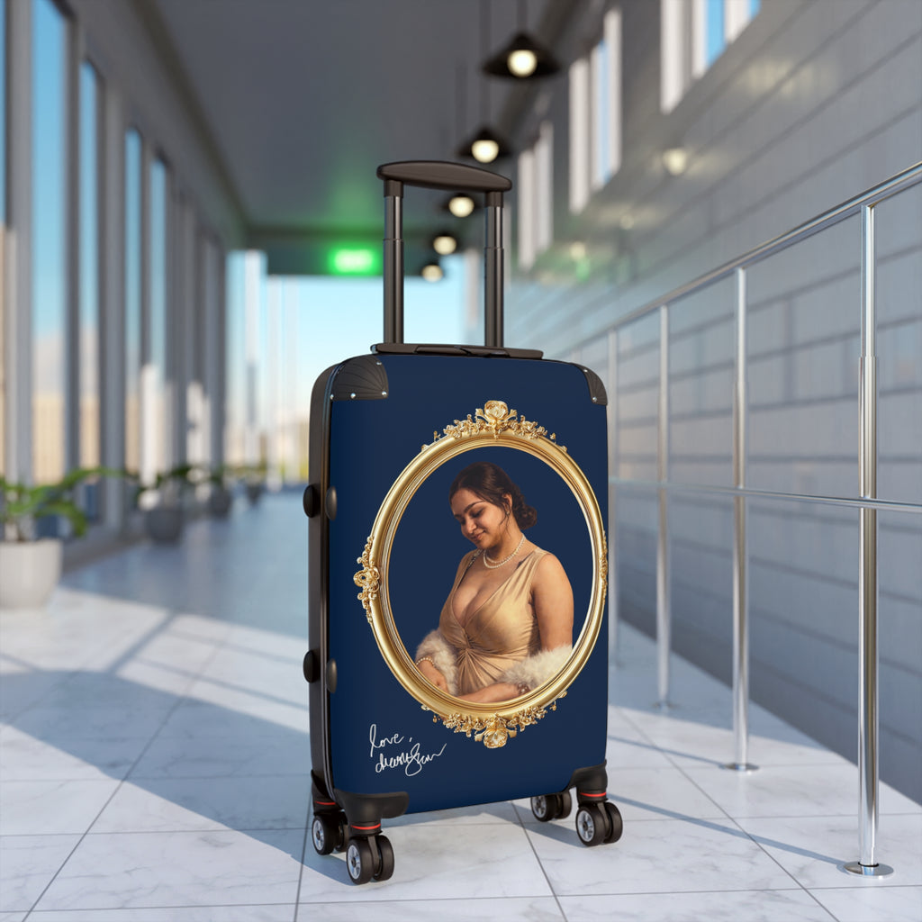 Vintage Portrait Suitcase – Elegant Gold Frame Travel Luggage