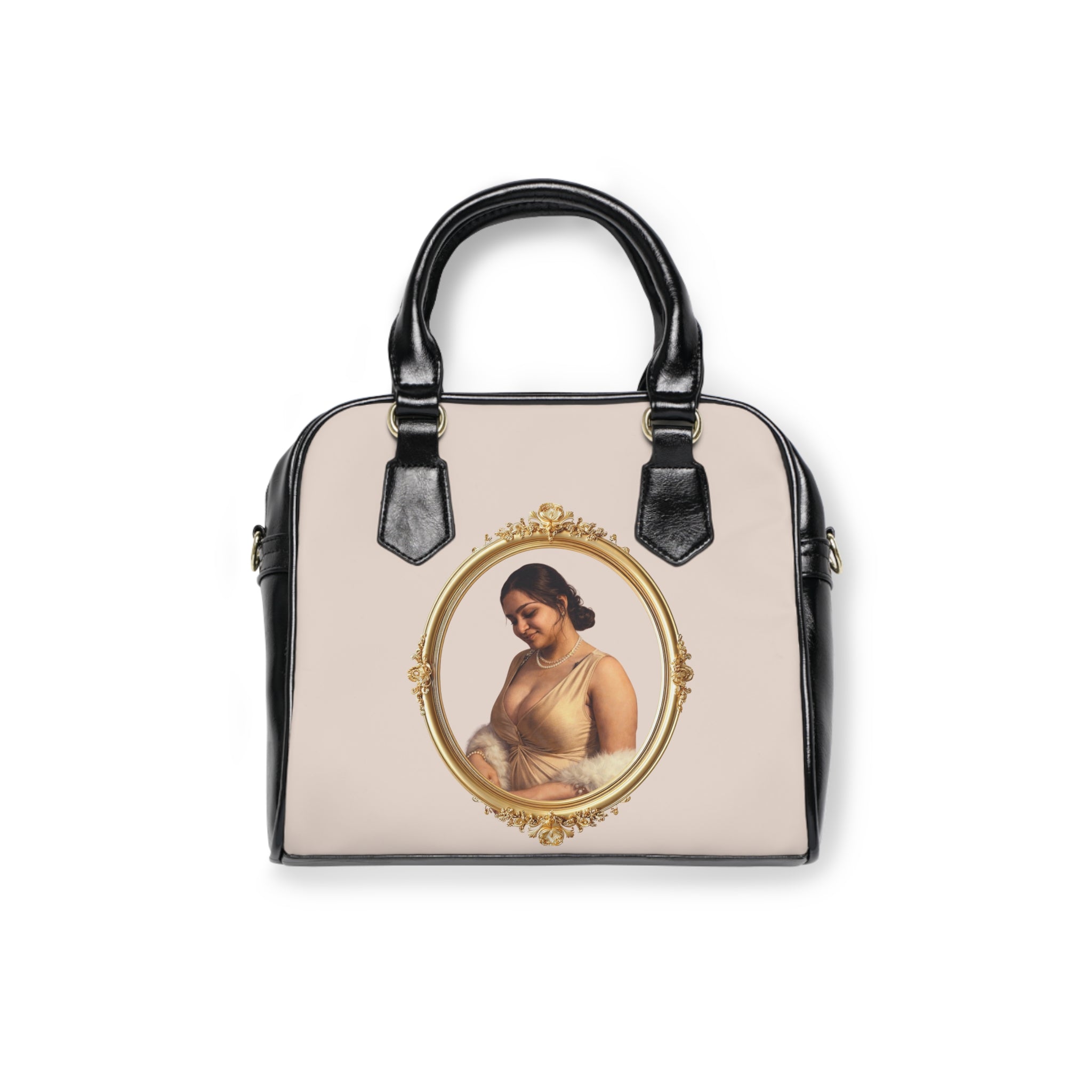 Vintage Portrait Pearl-Accent Shoulder Handbag — Elegant Navy Framed Art Purse