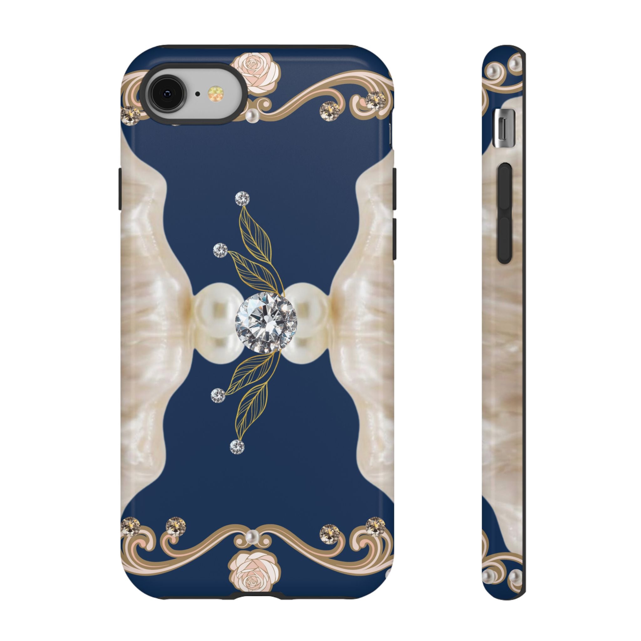 Navy Pearl & Diamond Phone Case — Elegant Floral Baroque Tough Case