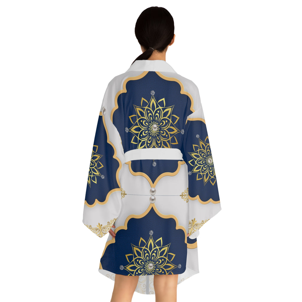 Navy & Gold Mandala Kimono Robe — Luxe Long-Sleeve Lounge Wrap