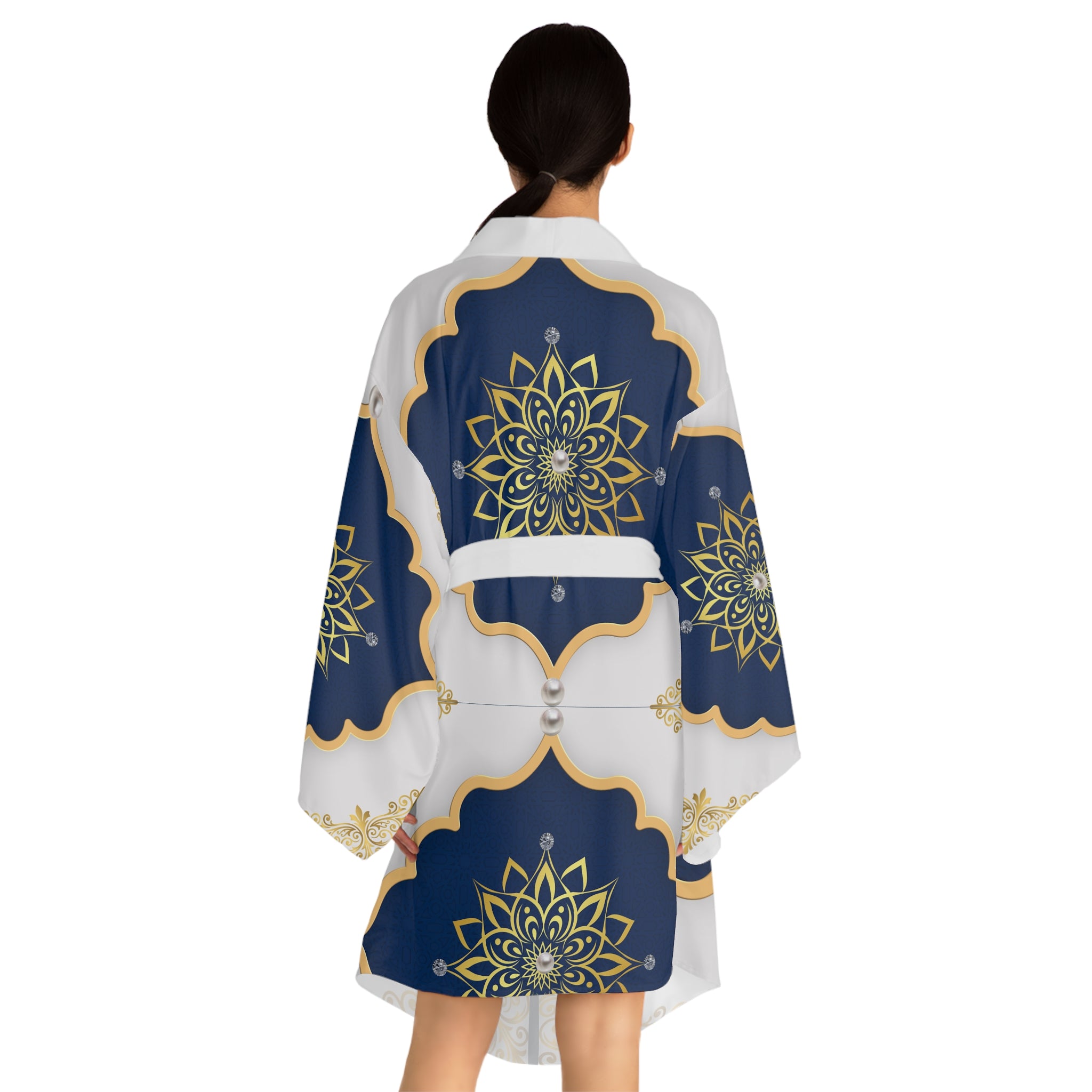 Navy & Gold Mandala Kimono Robe — Luxe Long-Sleeve Lounge Wrap