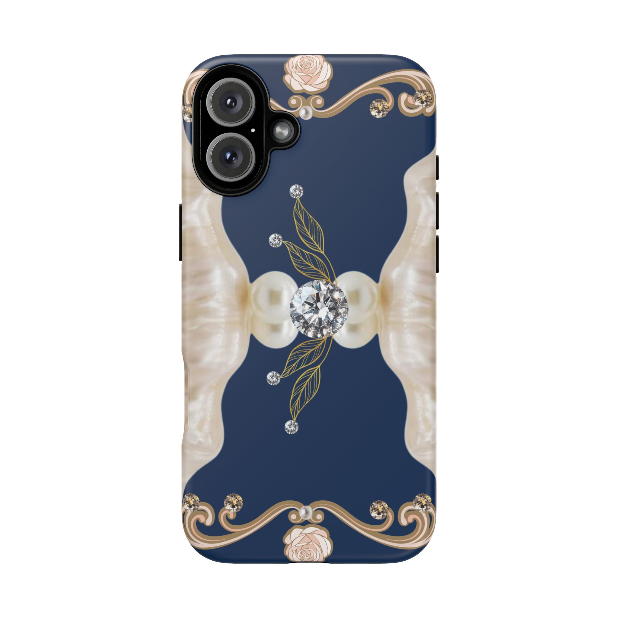 Navy Pearl & Diamond Phone Case — Elegant Floral Baroque Tough Case