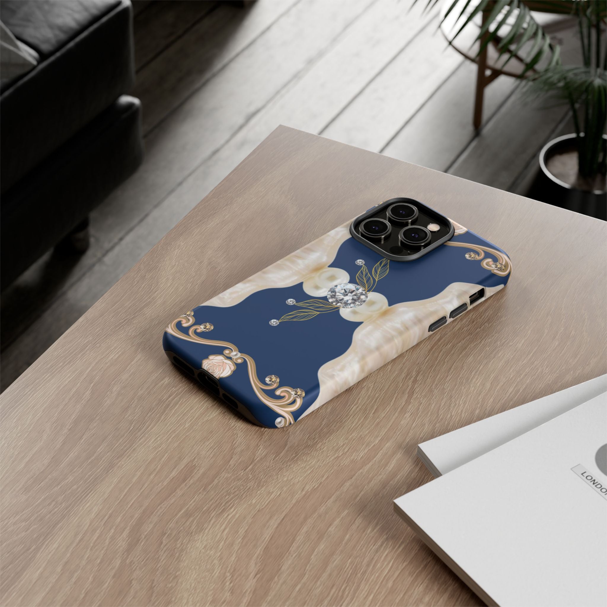 Navy Pearl & Diamond Phone Case — Elegant Floral Baroque Tough Case