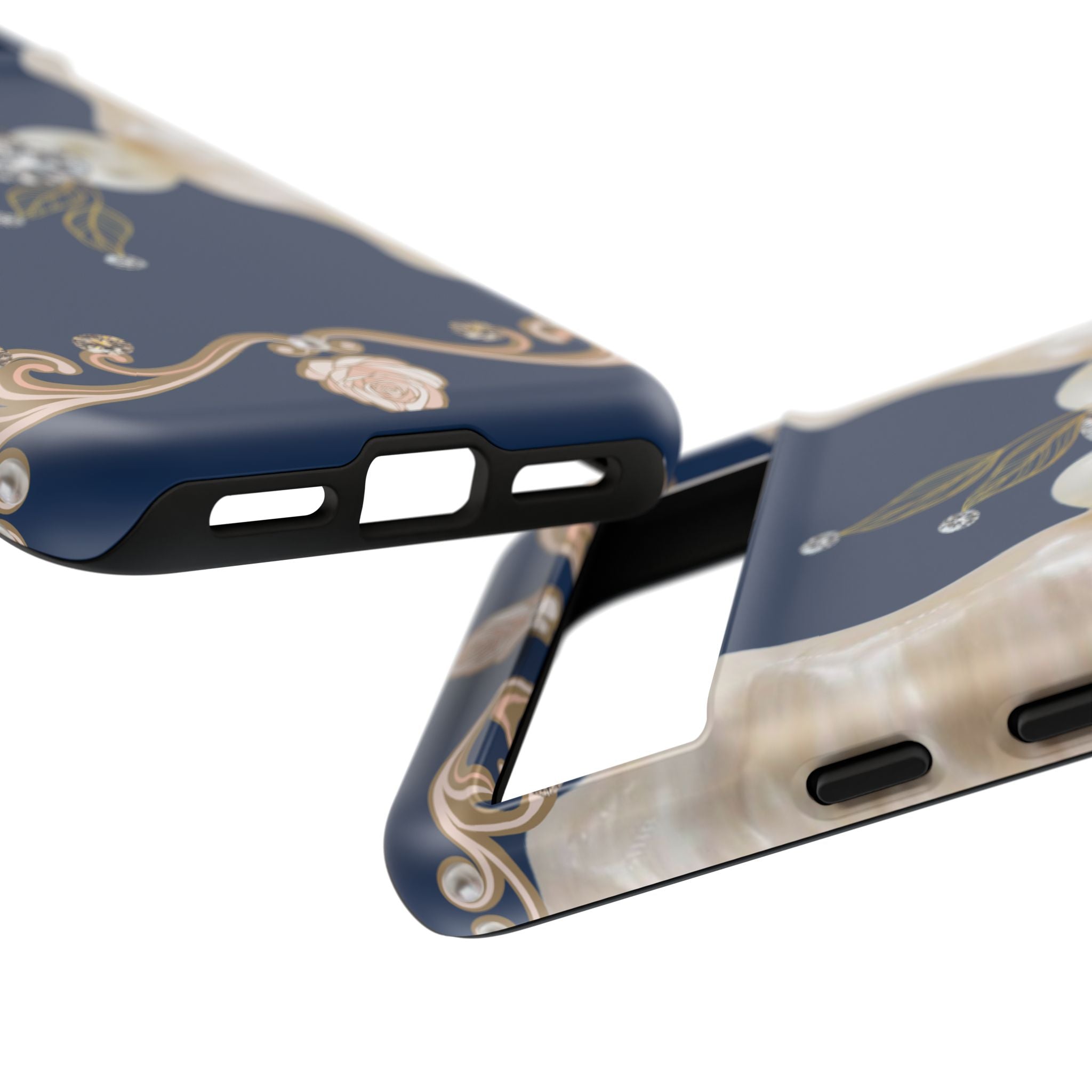 Navy Pearl & Diamond Phone Case — Elegant Floral Baroque Tough Case