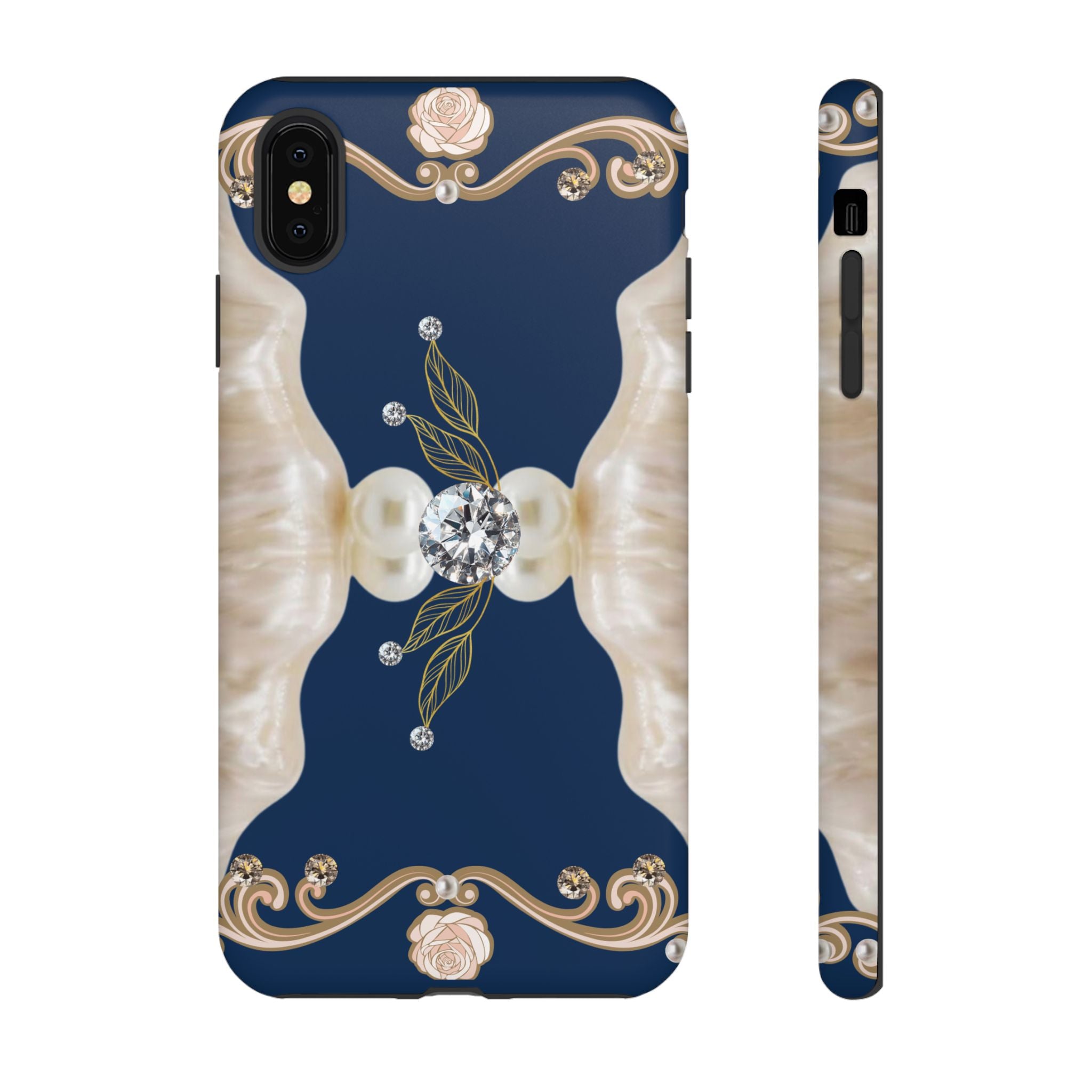 Navy Pearl & Diamond Phone Case — Elegant Floral Baroque Tough Case