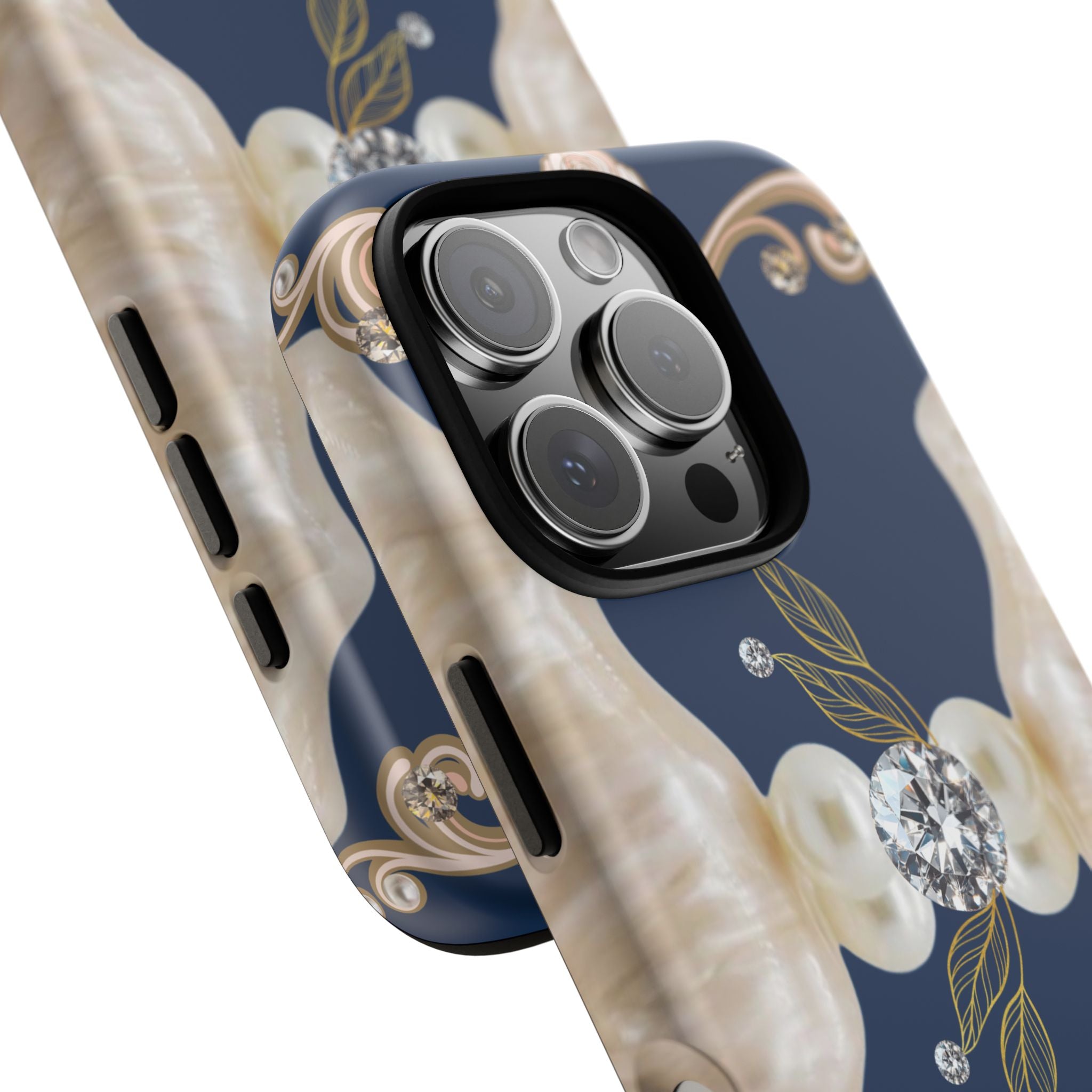 Navy Pearl & Diamond Phone Case — Elegant Floral Baroque Tough Case