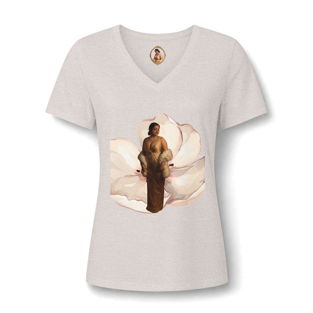 Floral Portrait V‑Neck Tee — Vintage Woman in Magnolia Print