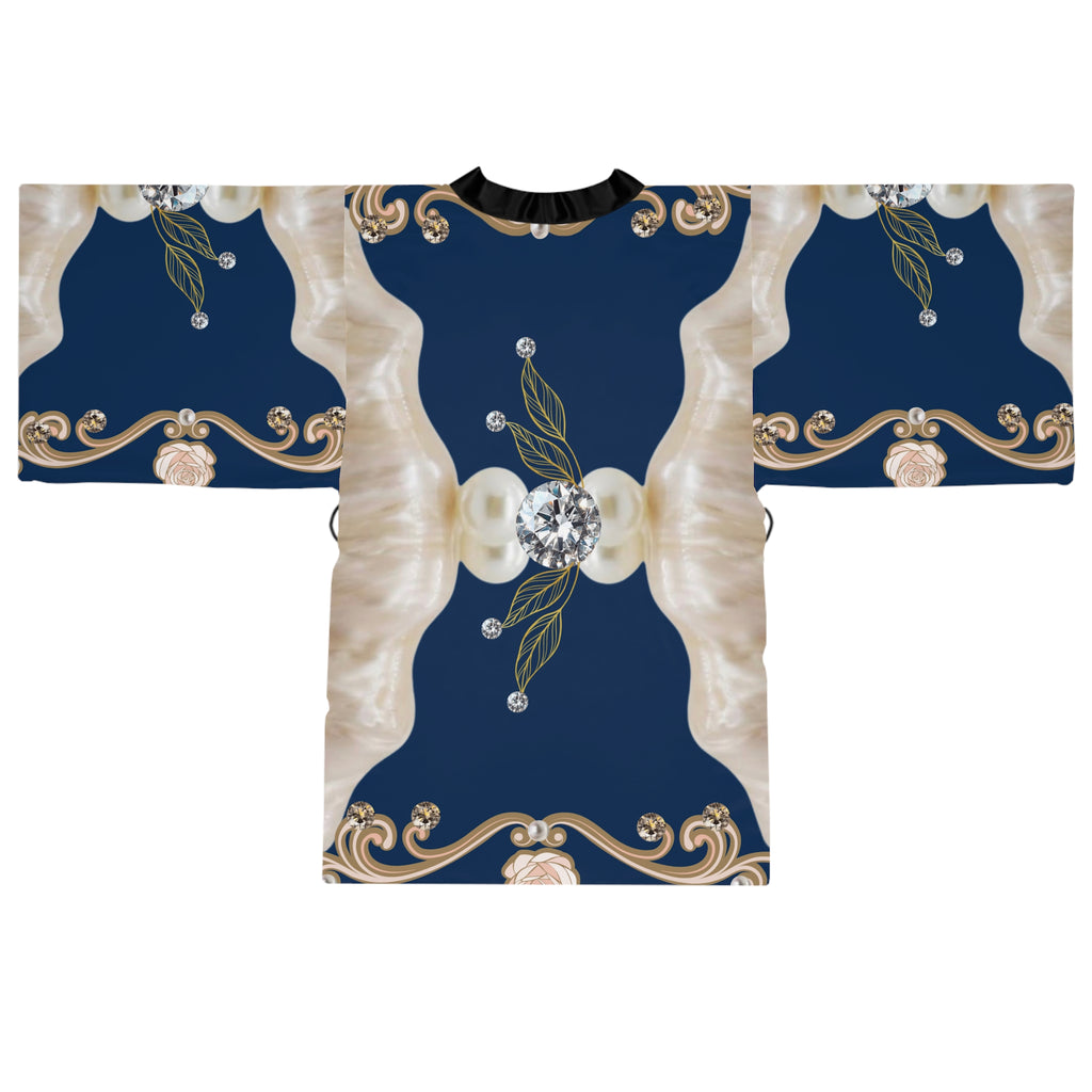 Silk-Style Navy Pearl & Diamond Kimono Robe — Luxe Floral Jewel Print