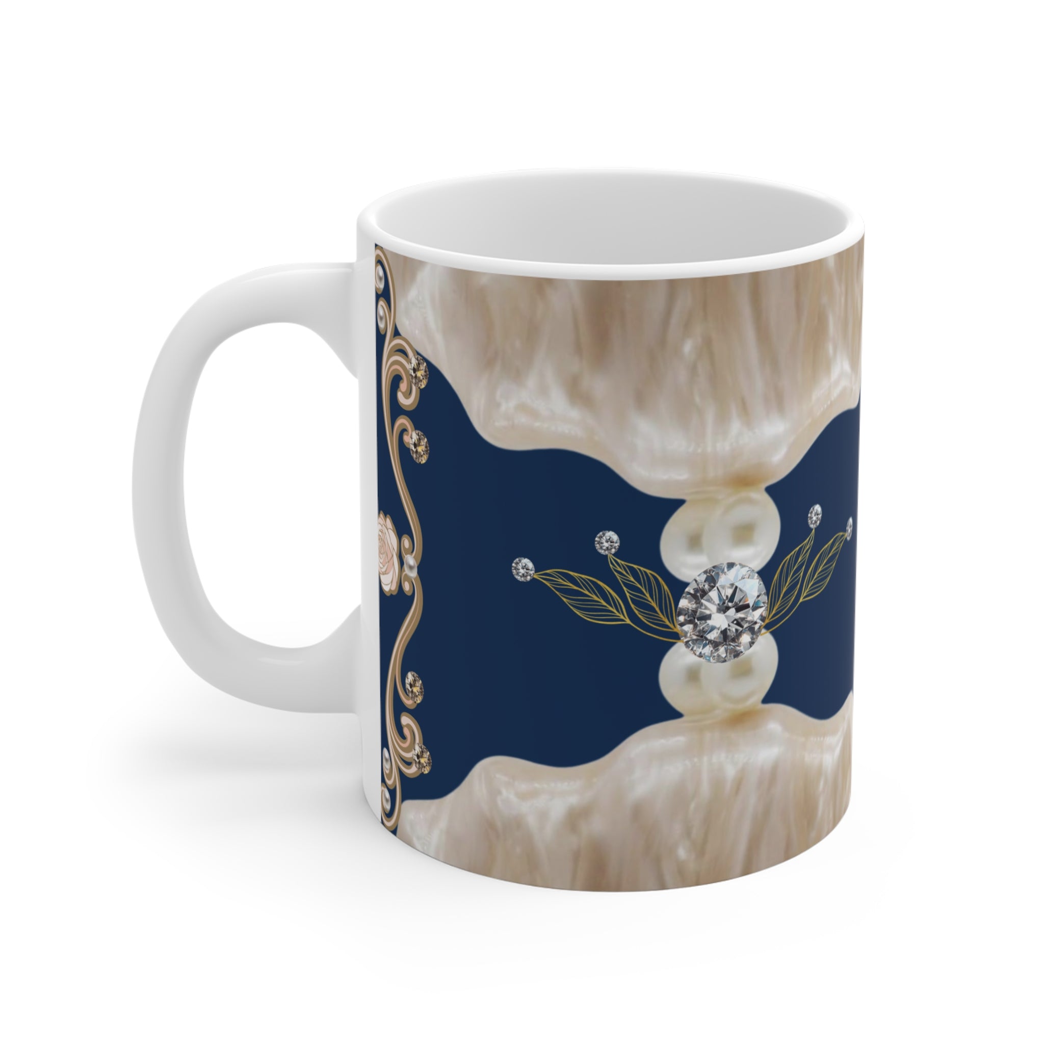 Elegant Pearl & Diamond Pattern Mug — Navy Vintage Floral 11 oz