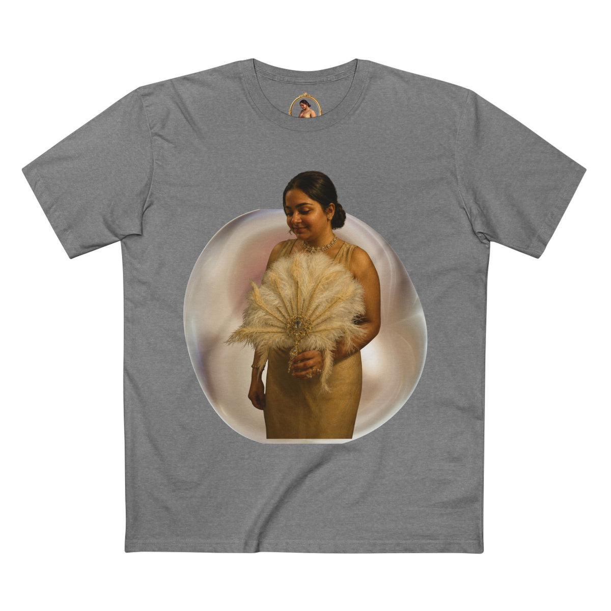 Drashti T‑Shirt — Vintage Portrait Bubble with 'We Will Be Home' Script