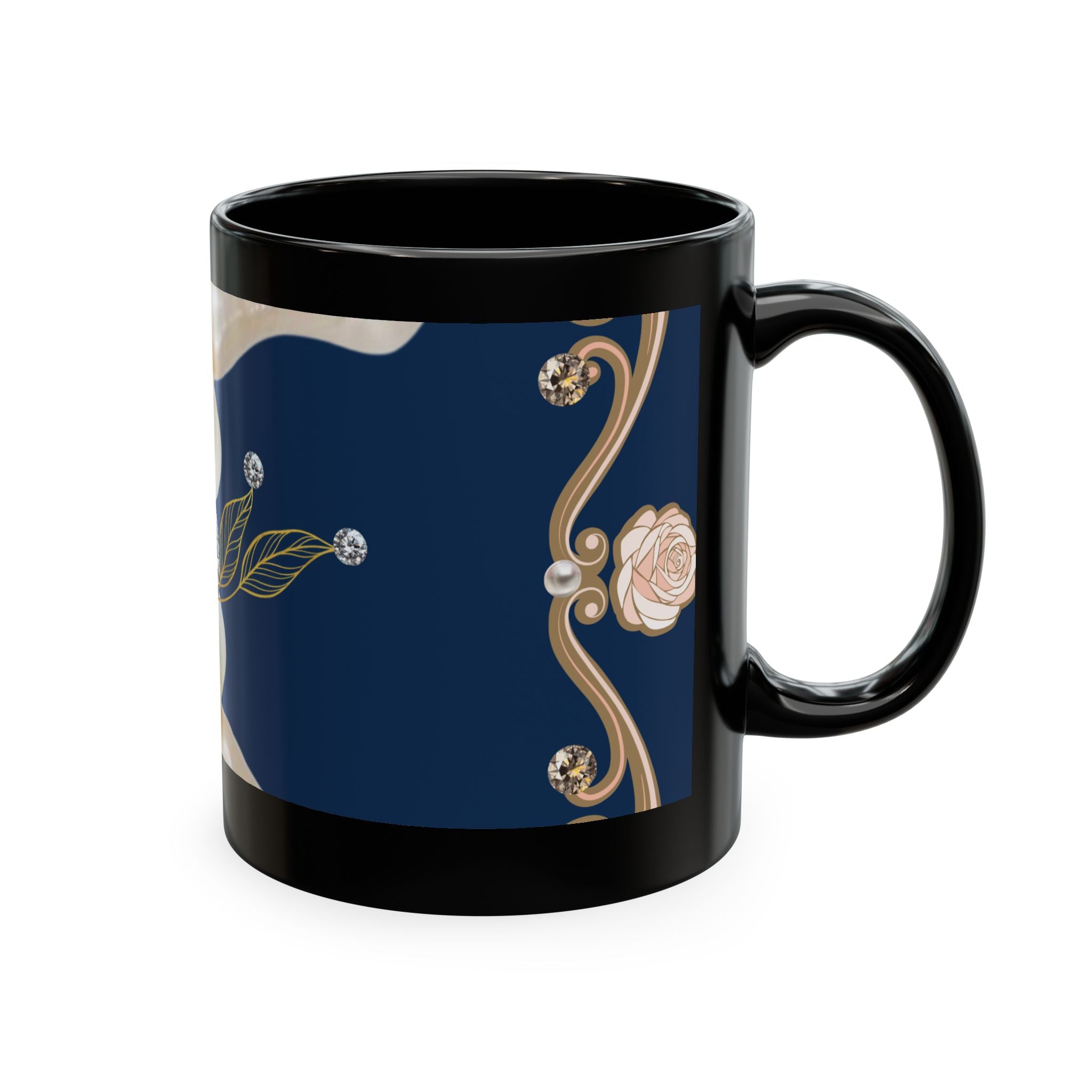 Pearl & Diamond Navy Ceramic Mug — Elegant Vintage Jewelry Design