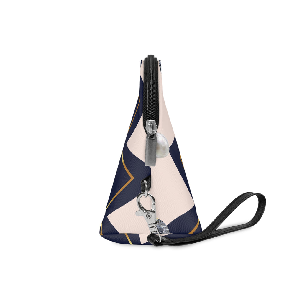 Navy & Gold Lotus Makeup Bag — Elegant Floral Cosmetic Pouch with Pearl Detail